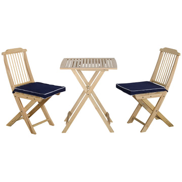 3 Pieces Patio Folding Bistro Set, Outdoor Pine Wood Table And Chairs Set With Tie On Cushion & Square Coffee Table, Great For Indoor, Poolside, Garden, Dark Blue Natural Wood