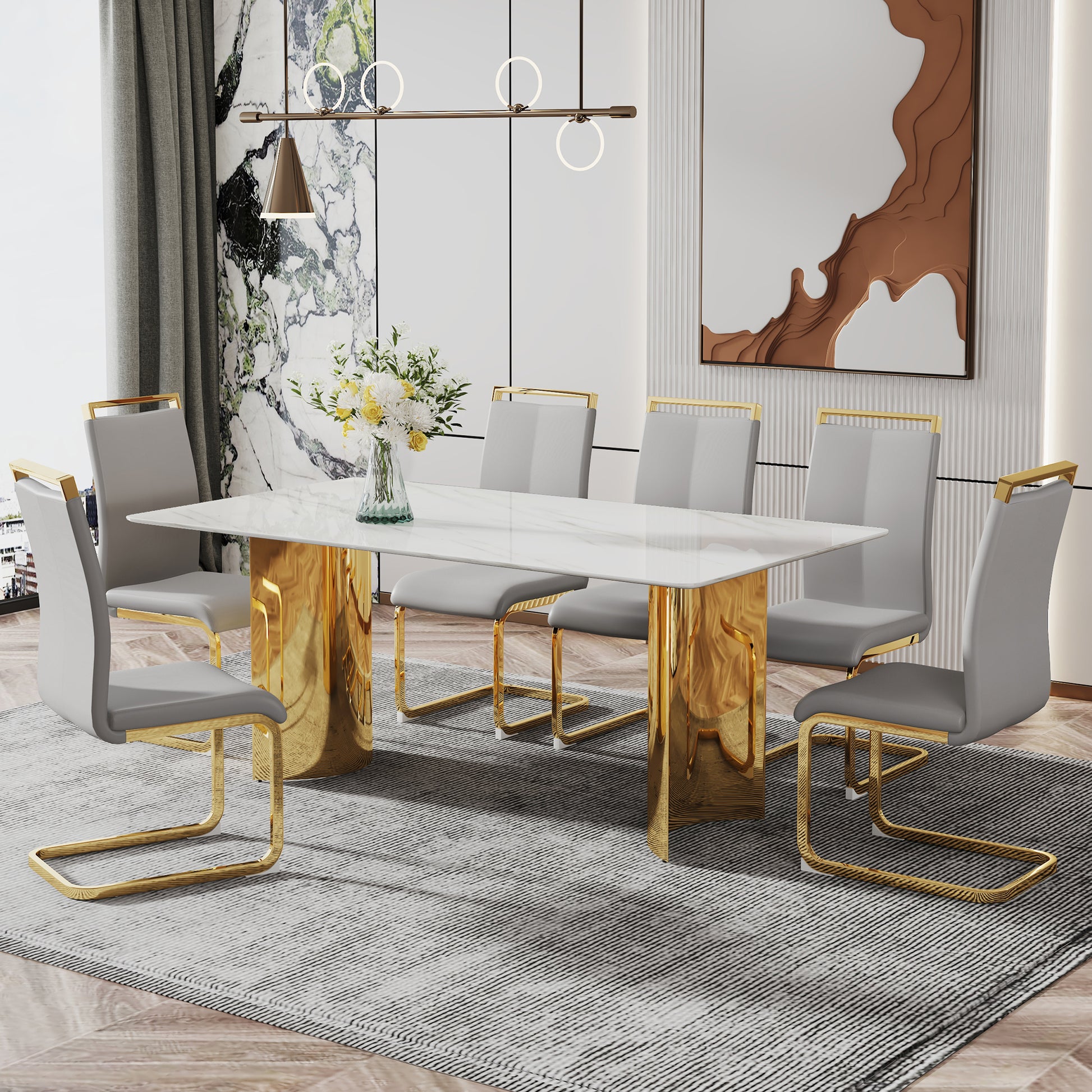 Modern Minimalist Dining Table. The White Imitation Marble Glass Desktop Is Equipped With Golden Metal Legs. Suitable For Restaurants And Living Rooms 71 "* 39.3" * 29.5 "Dt 69 White Glass
