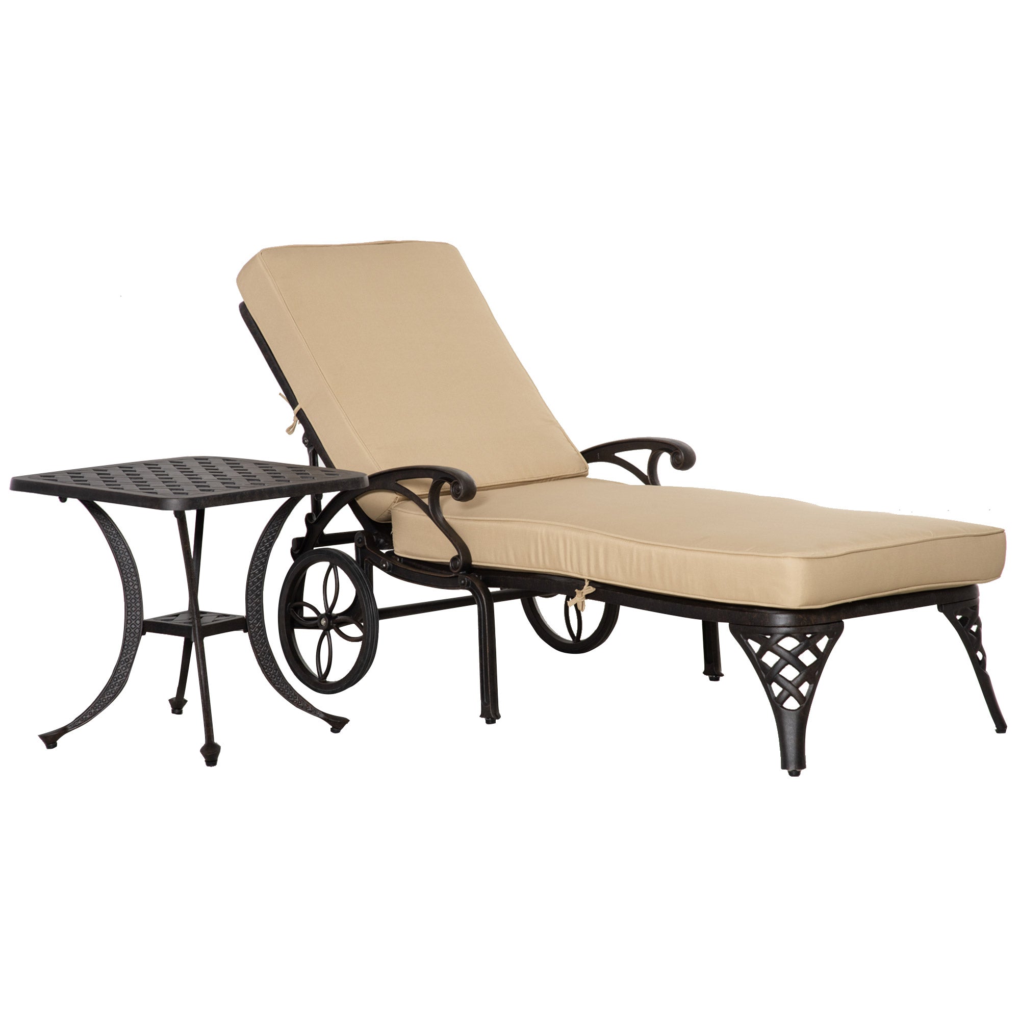 Aluminum Adjustable Chaise Lounge Chair, Folding 4 Position Patio Recliner, Wheels, Armrests, Side Table, Cushion For Poolside, Backyard, Deck, Porch Garden, Beige Beige Aluminium