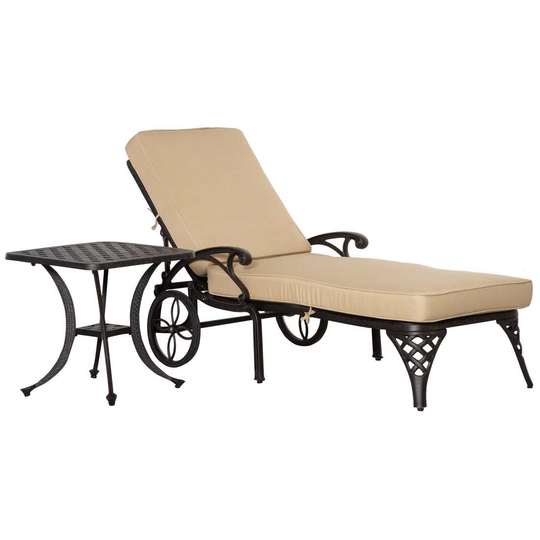 Aluminum Adjustable Chaise Lounge Chair, Folding 4 Position Patio Recliner, Wheels, Armrests, Side Table, Cushion For Poolside, Backyard, Deck, Porch Garden, Beige Beige Aluminium