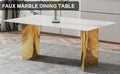 Modern Minimalist Dining Table. The White Imitation Marble Glass Desktop Is Equipped With Golden Metal Legs. Suitable For Restaurants And Living Rooms 71 