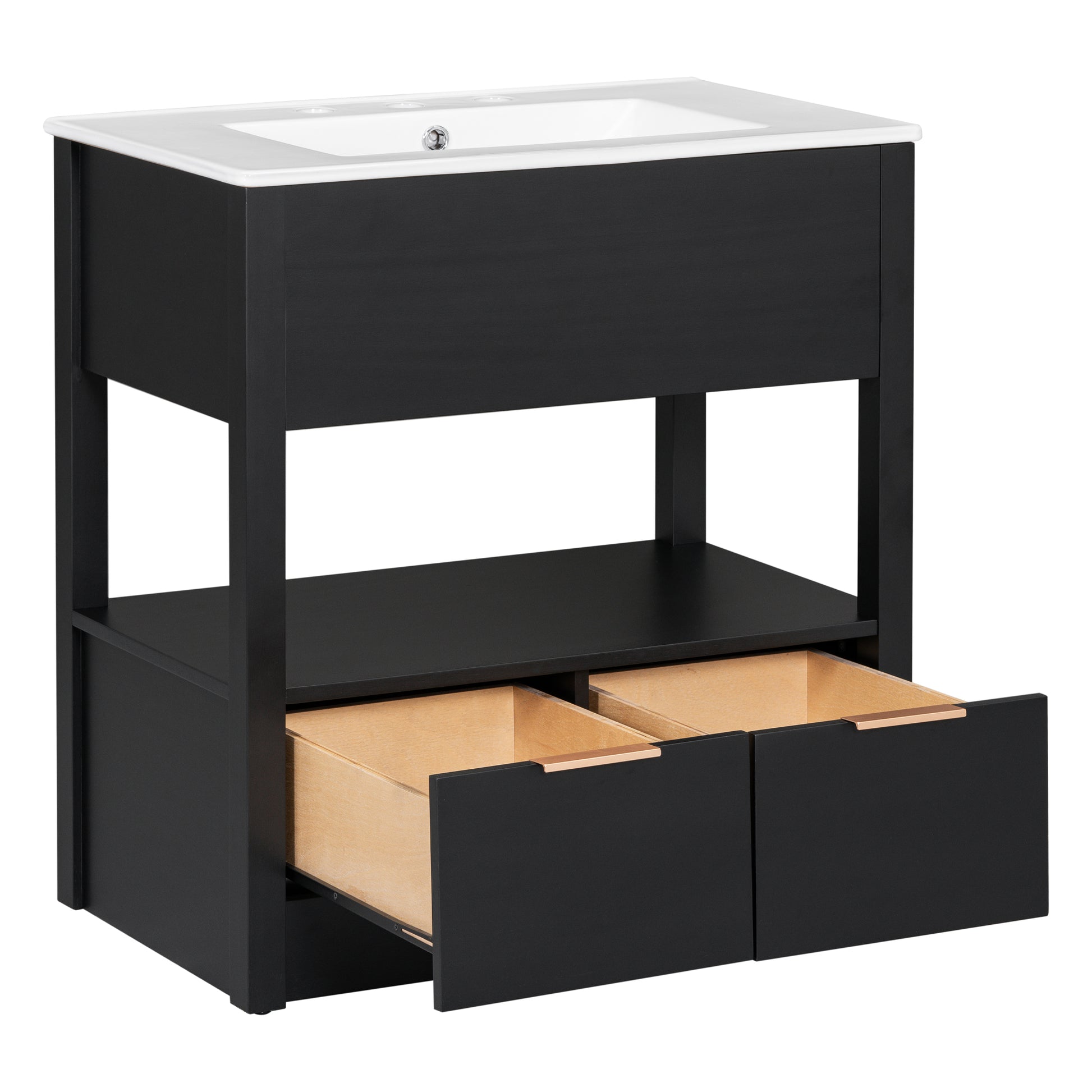 30" Bathroom Vanity With Sink Top, Bathroom Cabinet With Open Storage Shelf And Two Drawers, One Package, Black Old Sku:Wf311619Aap Black Solid Wood Mdf