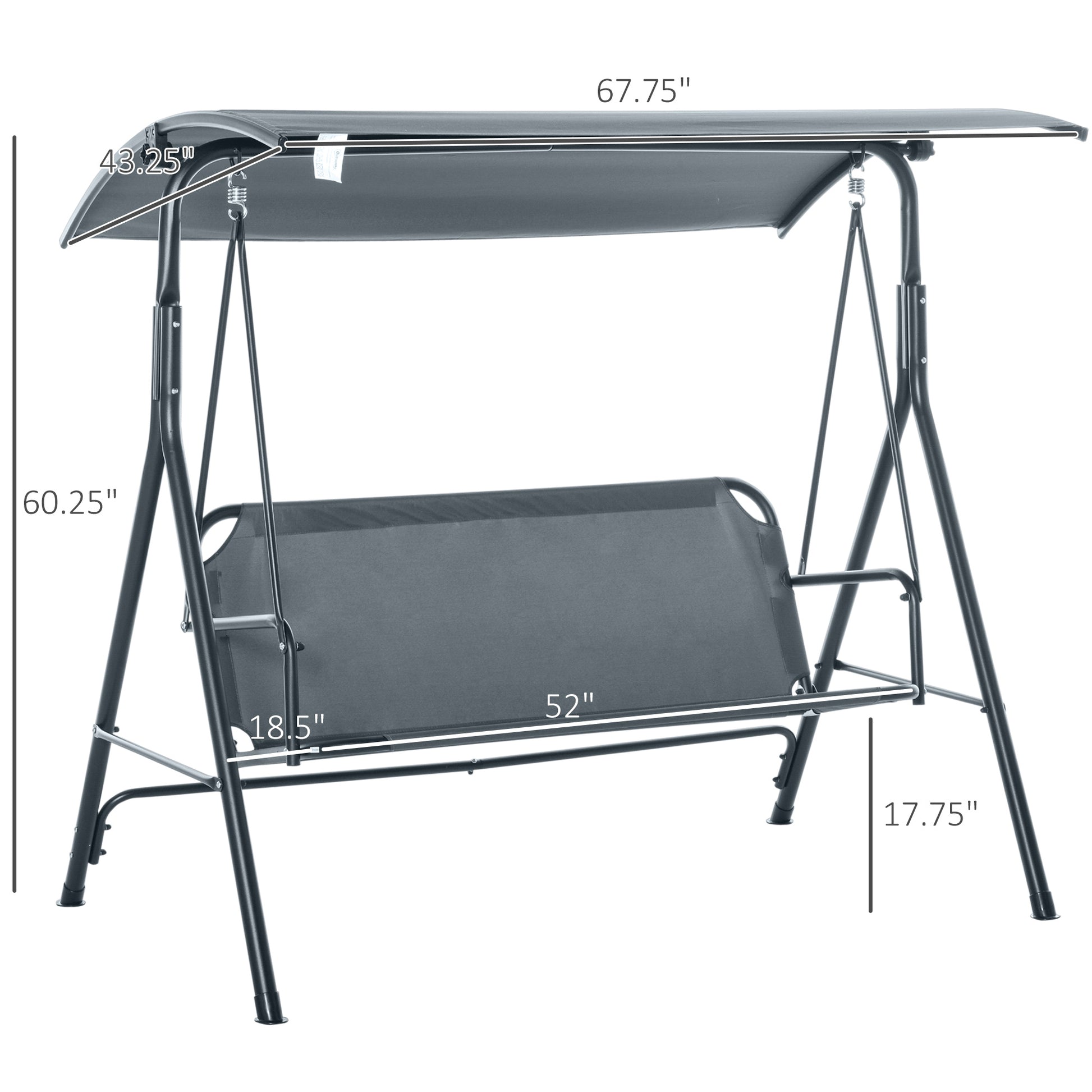 3 Person Porch Swing With Stand, Outdoor Swing For Patio Porch With Adjustable Tilt Canopy And Comfortable Swing Bench Style Seat, Steel Frame, Gray Gray Steel