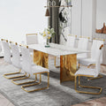 Modern Minimalist Dining Table. The White Imitation Marble Glass Desktop Is Equipped With Golden Metal Legs. Suitable For Restaurants And Living Rooms 71 