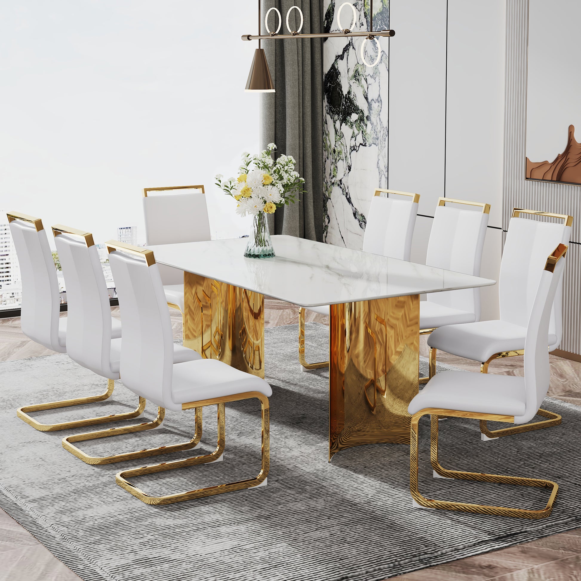 Modern Minimalist Dining Table. The White Imitation Marble Glass Desktop Is Equipped With Golden Metal Legs. Suitable For Restaurants And Living Rooms 71 "* 39.3" * 29.5 "Dt 69 White Glass