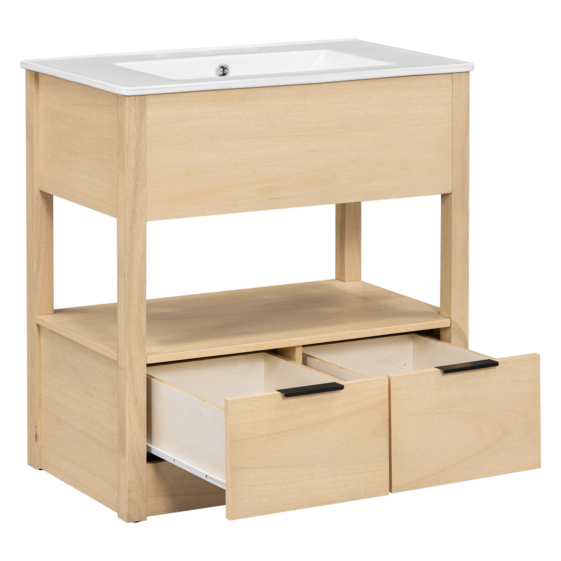 30" Bathroom Vanity With Sink Top, Bathroom Cabinet With Open Storage Shelf And Two Drawers, One Package, Natural Old Sku:Wf311619Aad Natural Solid Wood Mdf