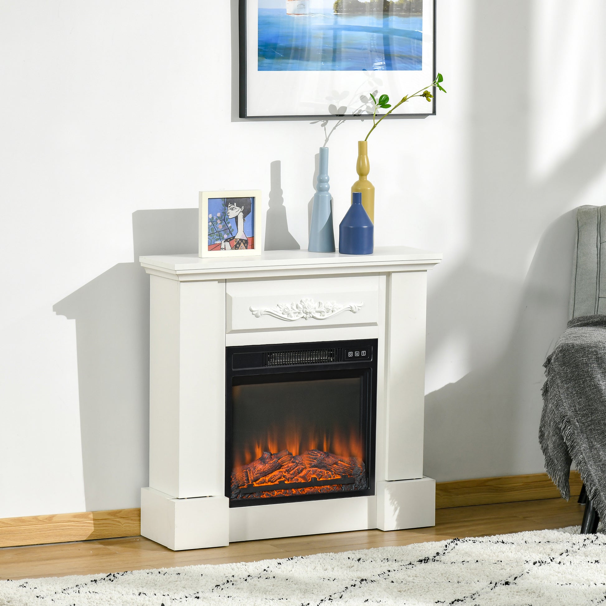 32" Electric Fireplace With Mantel, Freestanding Heater With Led Log Flame, Overheat Protection And Remote Control, 1400W, White White Steel