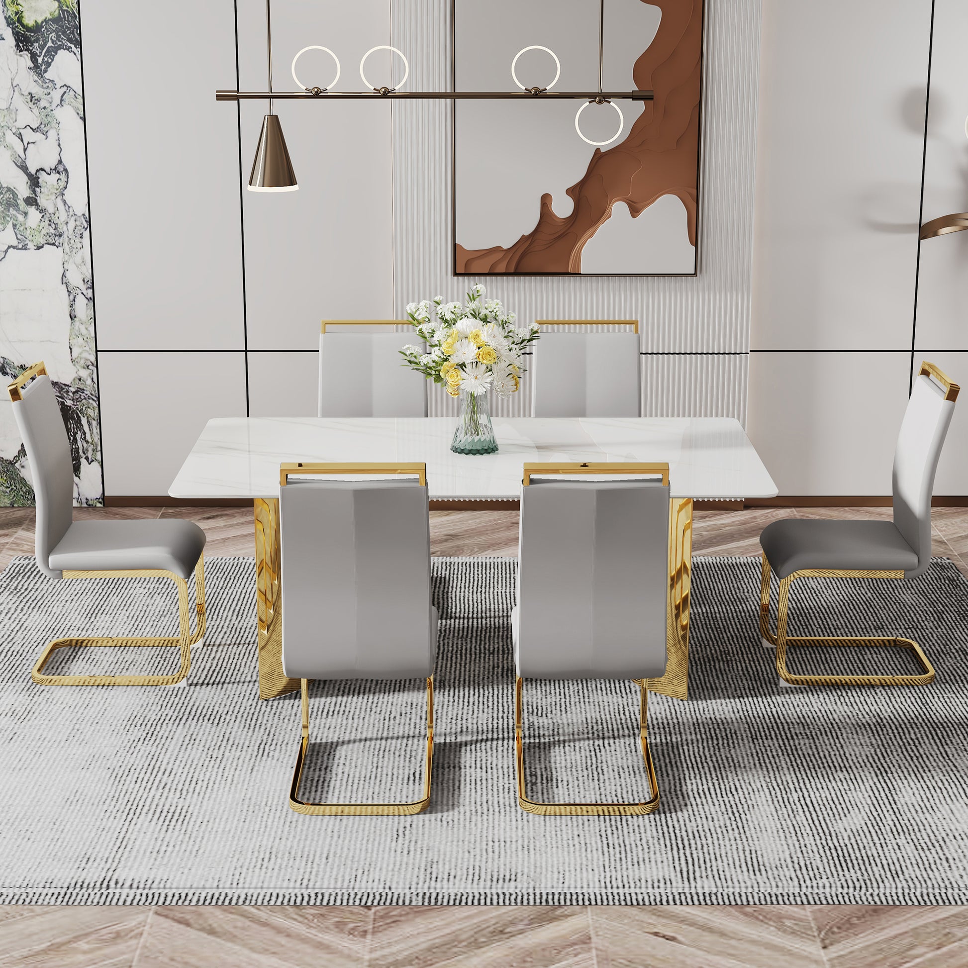 Modern Minimalist Dining Table. The White Imitation Marble Glass Desktop Is Equipped With Golden Metal Legs. Suitable For Restaurants And Living Rooms 71 "* 39.3" * 29.5 "Dt 69 White Glass