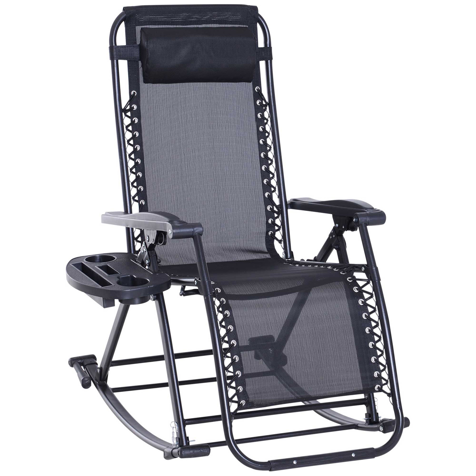 Outdoor Rocking Chairs, Foldable Reclining Anti Gravity Lounge Rocker W Pillow, Cup & Phone Holder, Combo Design W Folding Legs, Black Black Steel