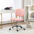 Cute Armless Office Chair, Teddy Fleece Fabric Computer Desk Chair, Vanity Task Chair With Adjustable Height, Swivel Wheels, Mid Back, Pink Pink Linen