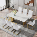 Modern Minimalist Dining Table. The White Imitation Marble Glass Desktop Is Equipped With Golden Metal Legs. Suitable For Restaurants And Living Rooms 71 