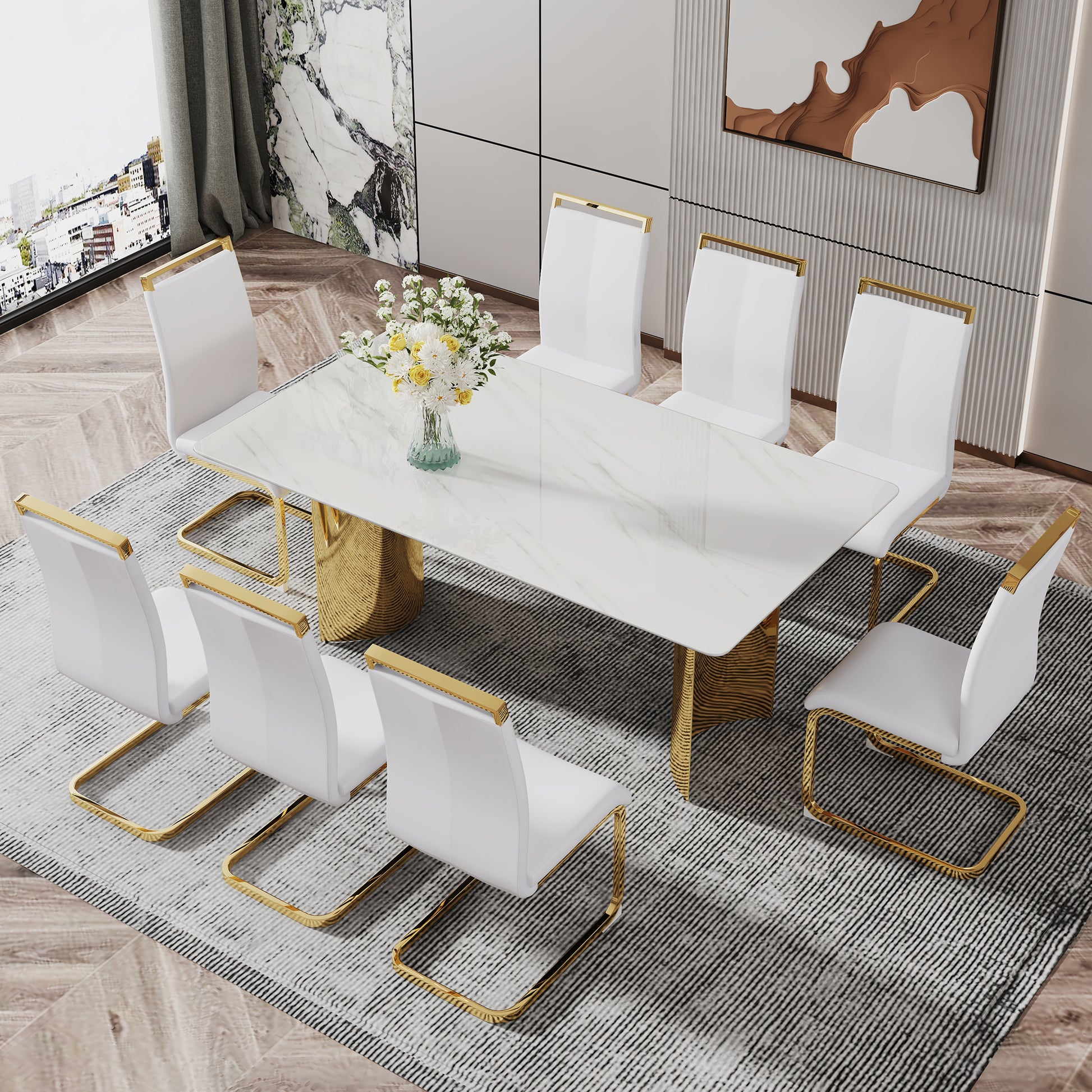 Modern Minimalist Dining Table. The White Imitation Marble Glass Desktop Is Equipped With Golden Metal Legs. Suitable For Restaurants And Living Rooms 71 "* 39.3" * 29.5 "Dt 69 White Glass