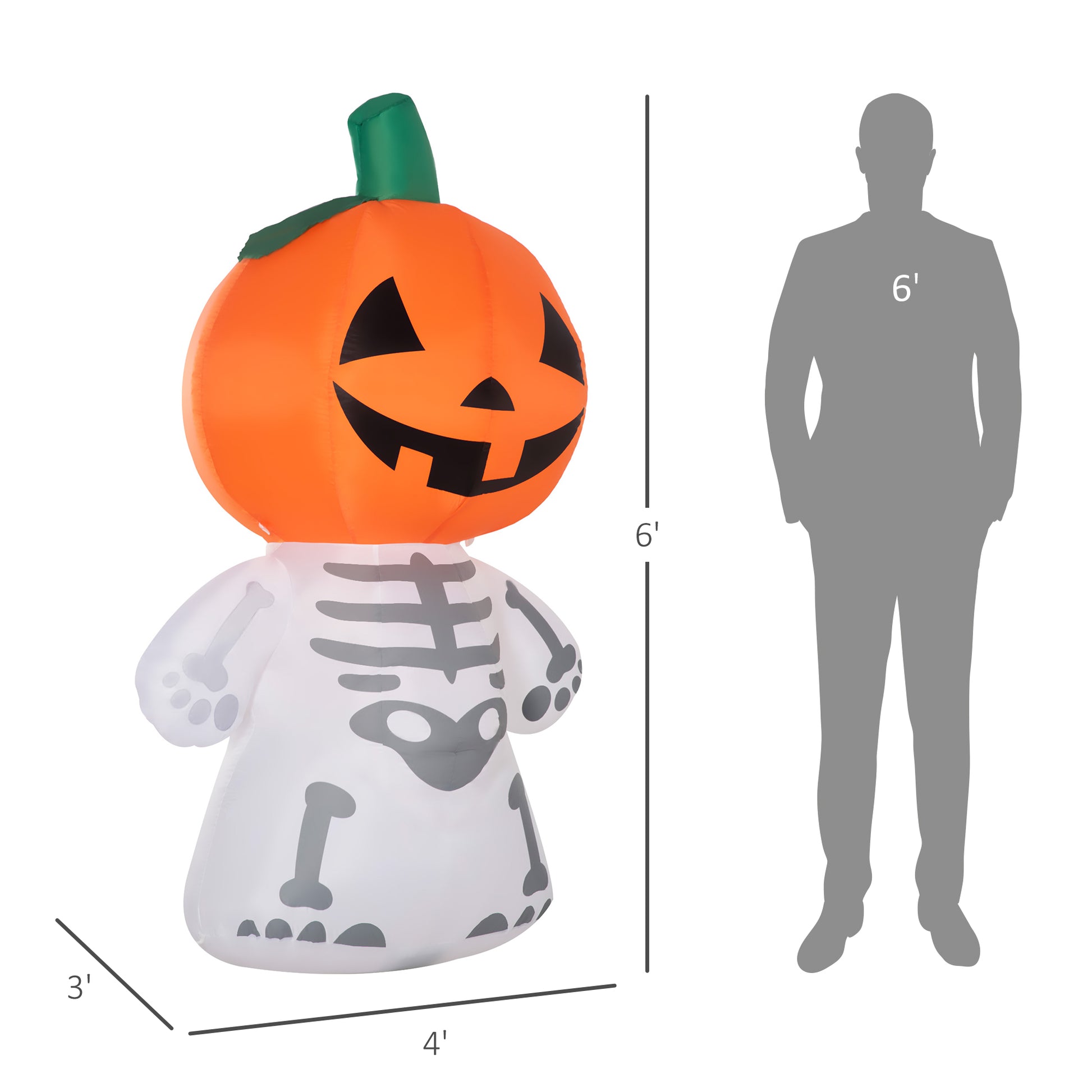 6Ft Halloween Inflatables Outdoor Decorations, Smiling Skeleton Ghost With Pumpkin Head, Blow Up Led Yard Decor For Garden, Lawn, Party, Holiday, Waterproof Orange Polyester