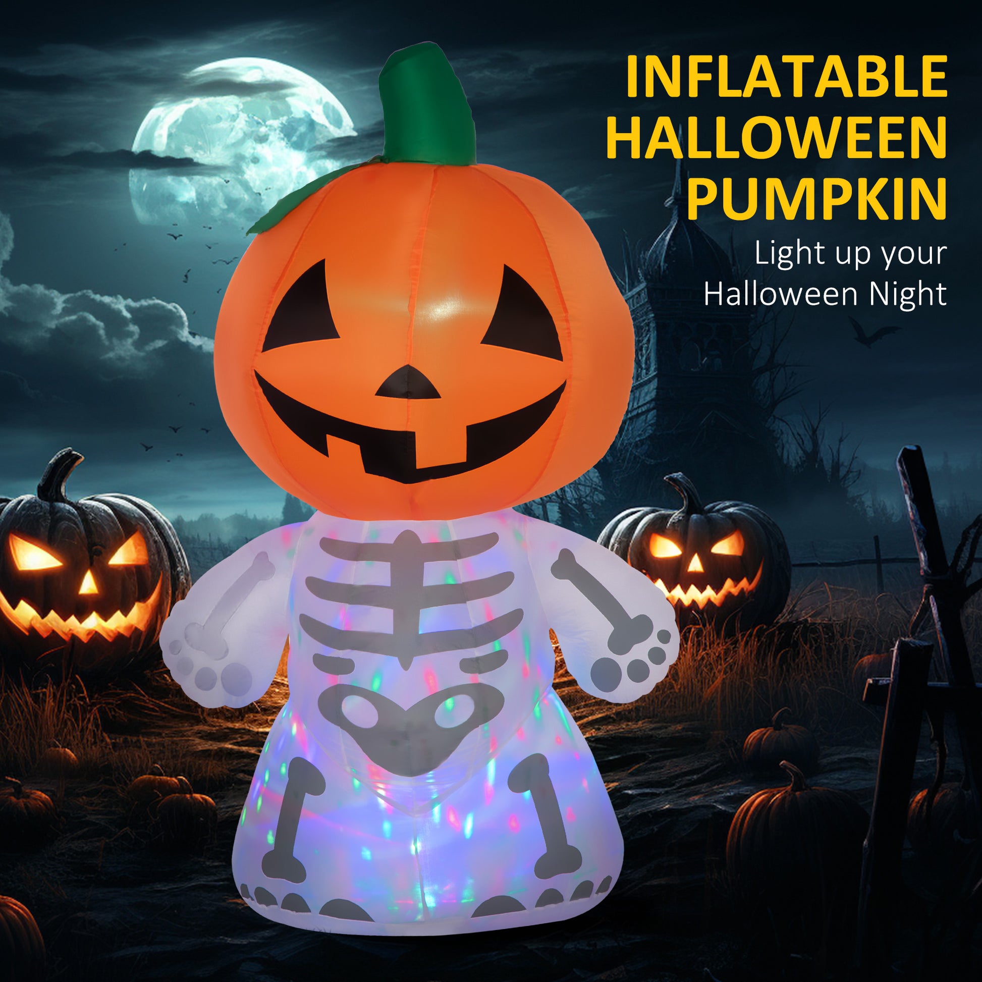 6Ft Halloween Inflatables Outdoor Decorations, Smiling Skeleton Ghost With Pumpkin Head, Blow Up Led Yard Decor For Garden, Lawn, Party, Holiday, Waterproof Orange Polyester
