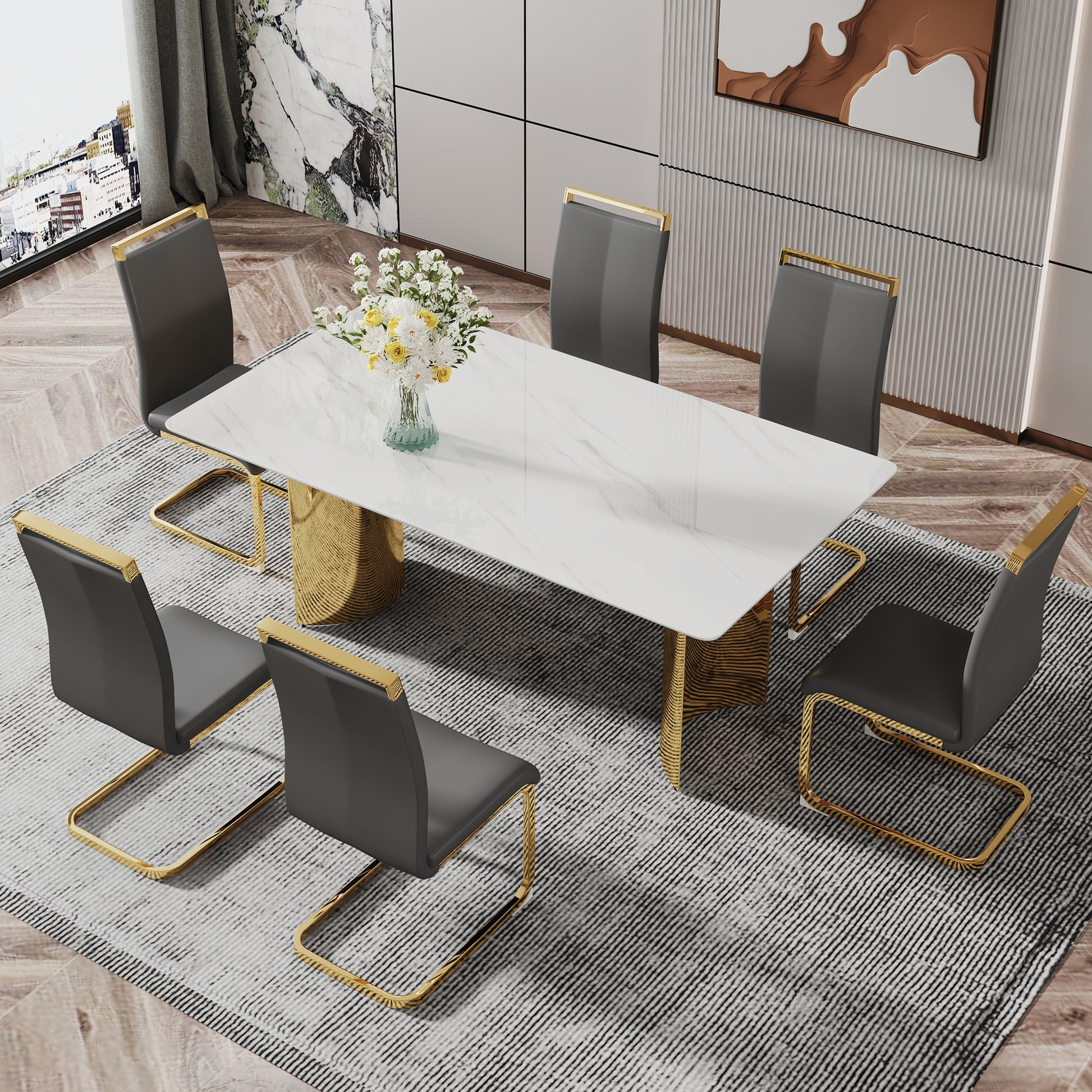 Modern Minimalist Dining Table. The White Imitation Marble Glass Desktop Is Equipped With Golden Metal Legs. Suitable For Restaurants And Living Rooms 71 "* 39.3" * 29.5 "Dt 69 White Glass