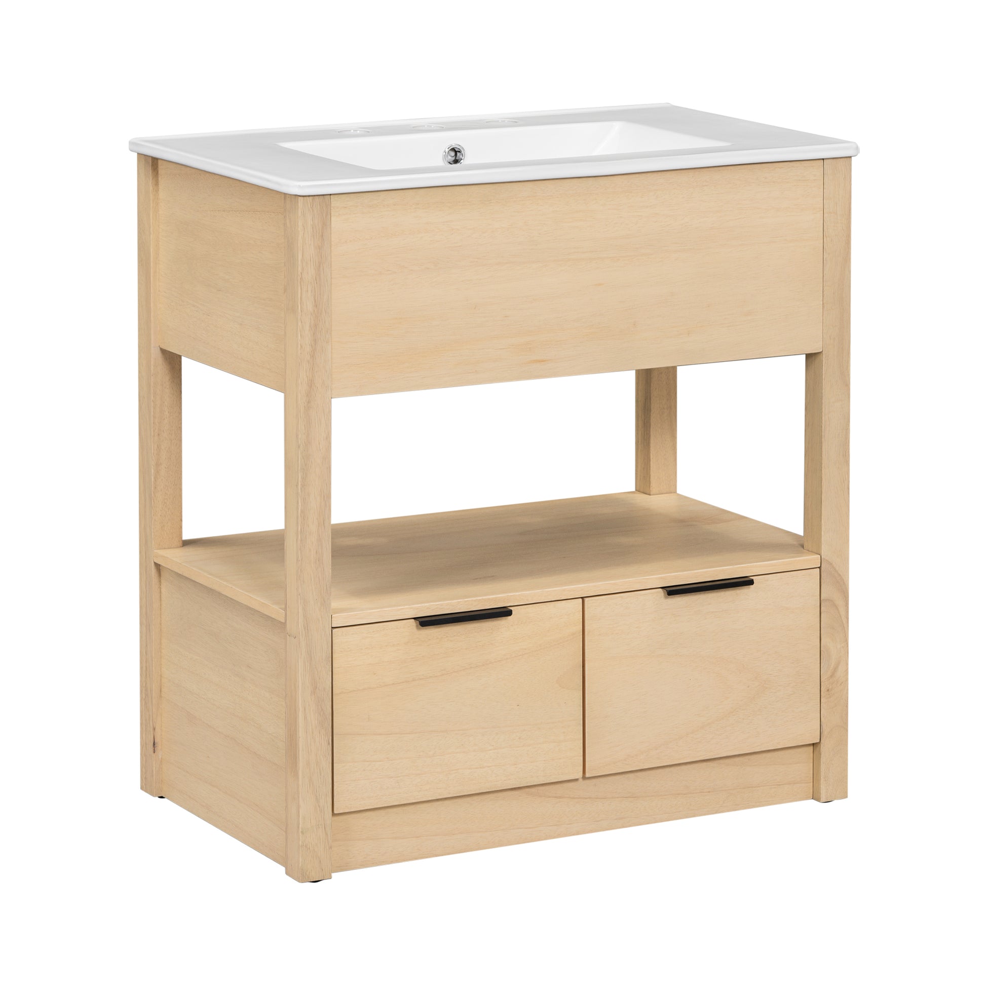 30" Bathroom Vanity With Sink Top, Bathroom Cabinet With Open Storage Shelf And Two Drawers, One Package, Natural Old Sku:Wf311619Aad Natural Solid Wood Mdf