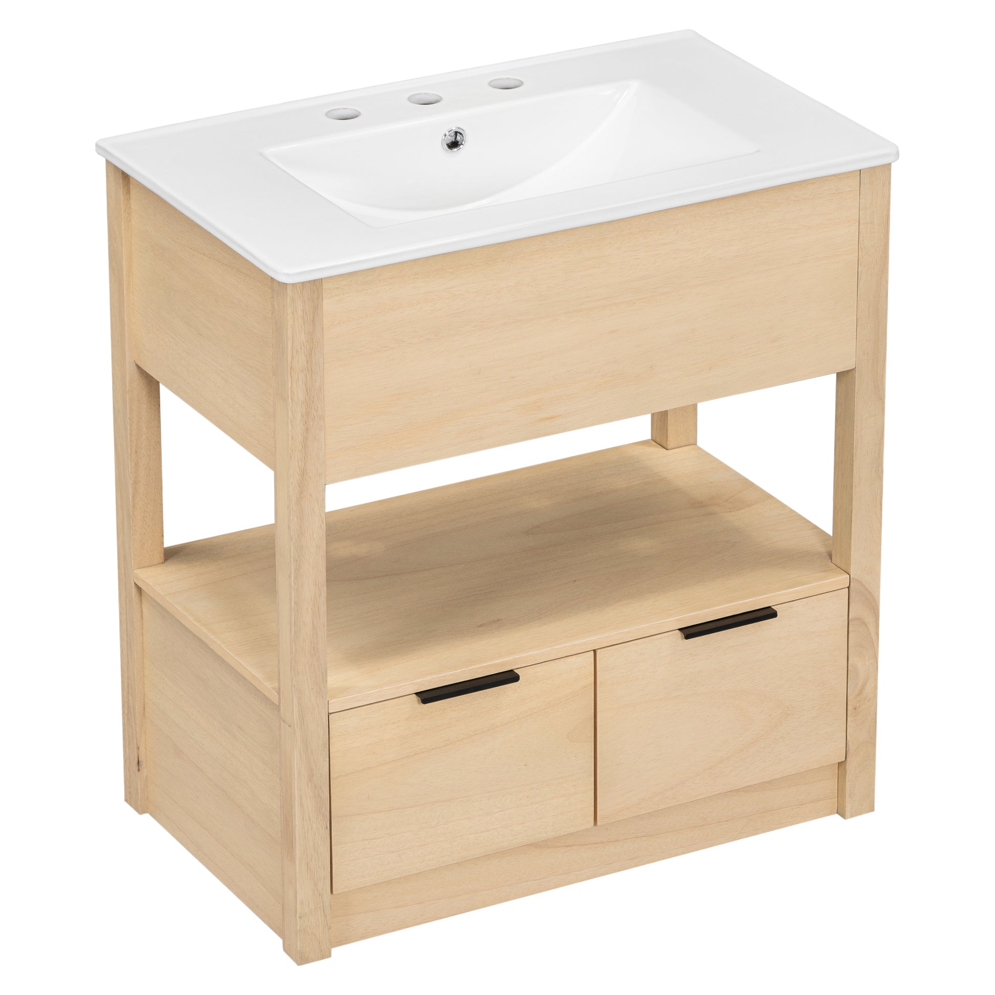 30" Bathroom Vanity With Sink Top, Bathroom Cabinet With Open Storage Shelf And Two Drawers, One Package, Natural Old Sku:Wf311619Aad Natural Solid Wood Mdf