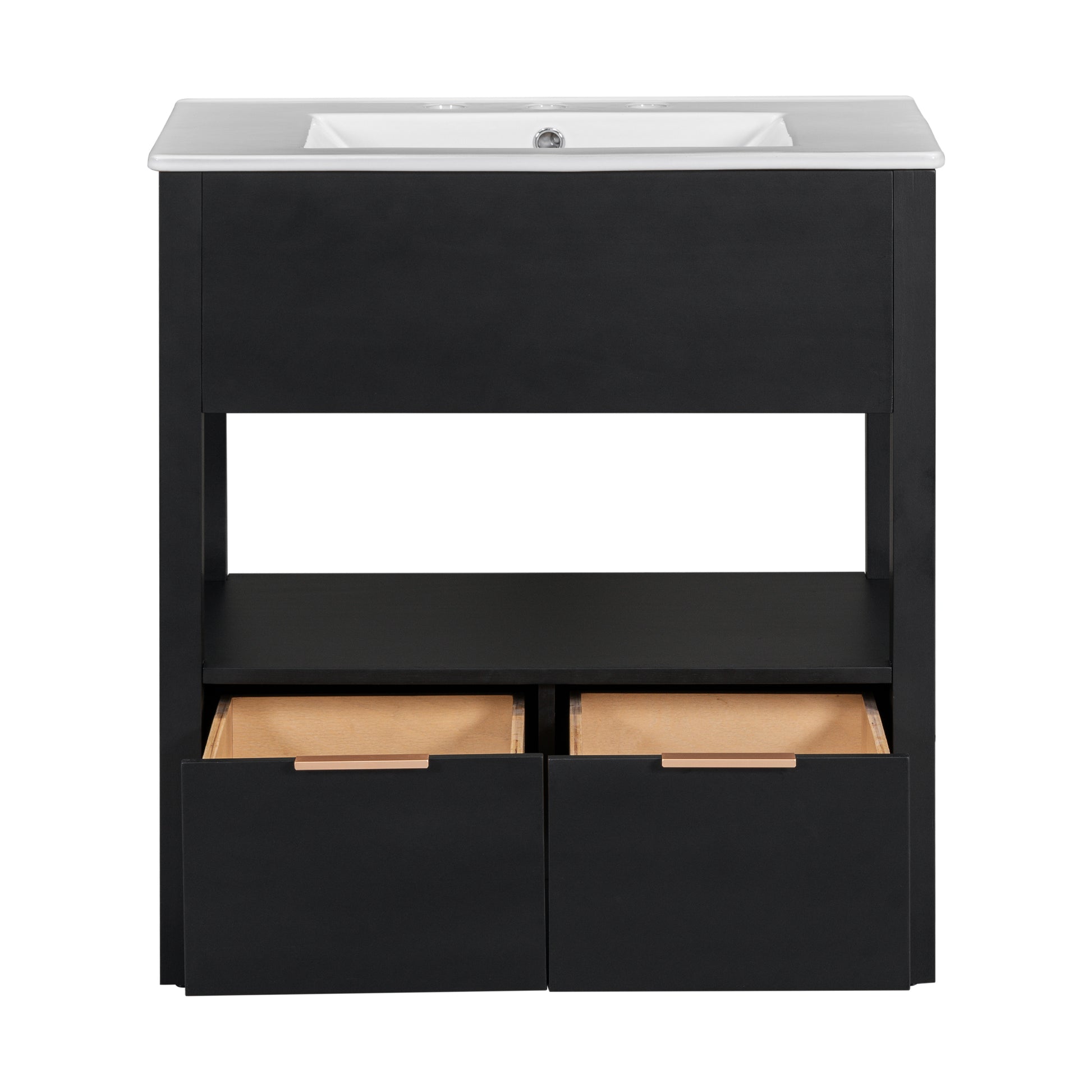 30" Bathroom Vanity With Sink Top, Bathroom Cabinet With Open Storage Shelf And Two Drawers, One Package, Black Old Sku:Wf311619Aap Black Solid Wood Mdf