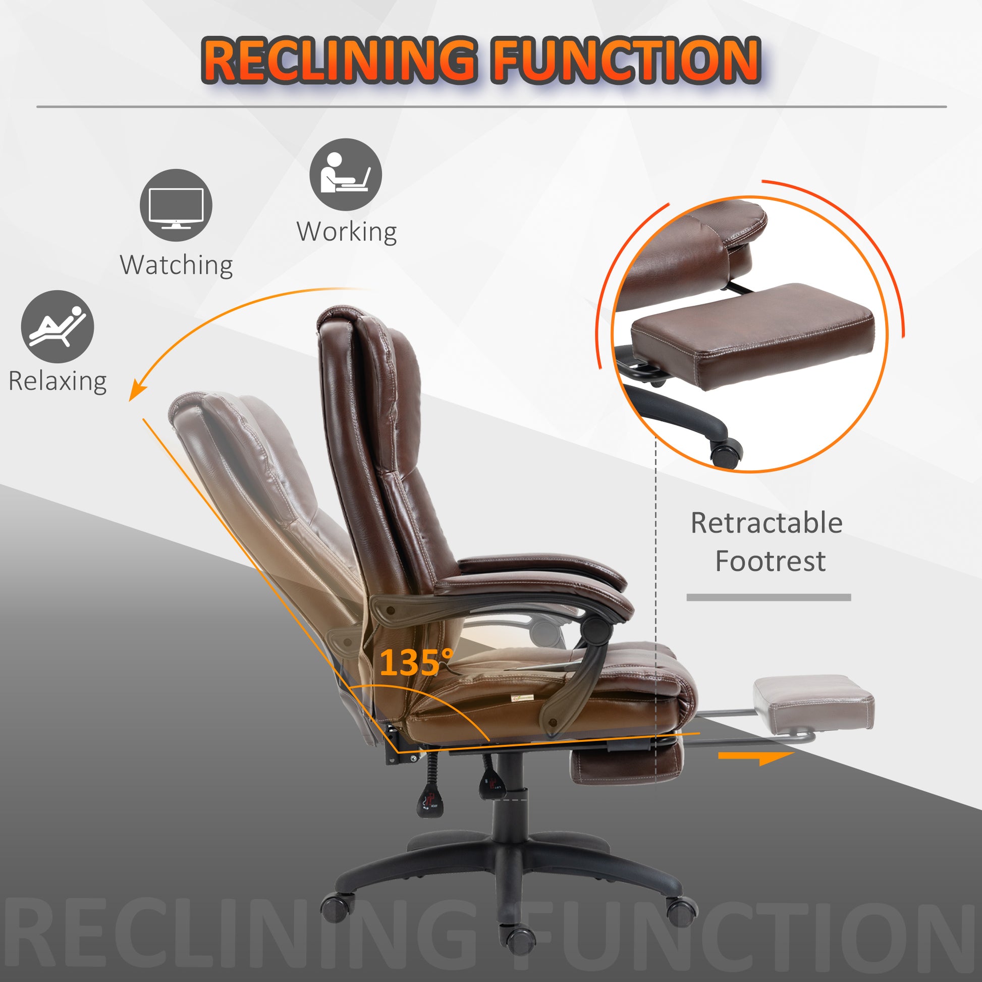 High Back Massage Office Chair With 6 Point Vibration, 5 Modes, Executive Chair, Pu Leather Swivel Chair With Reclining Back, And Retractable Footrest, Brown Brown Pu Leather