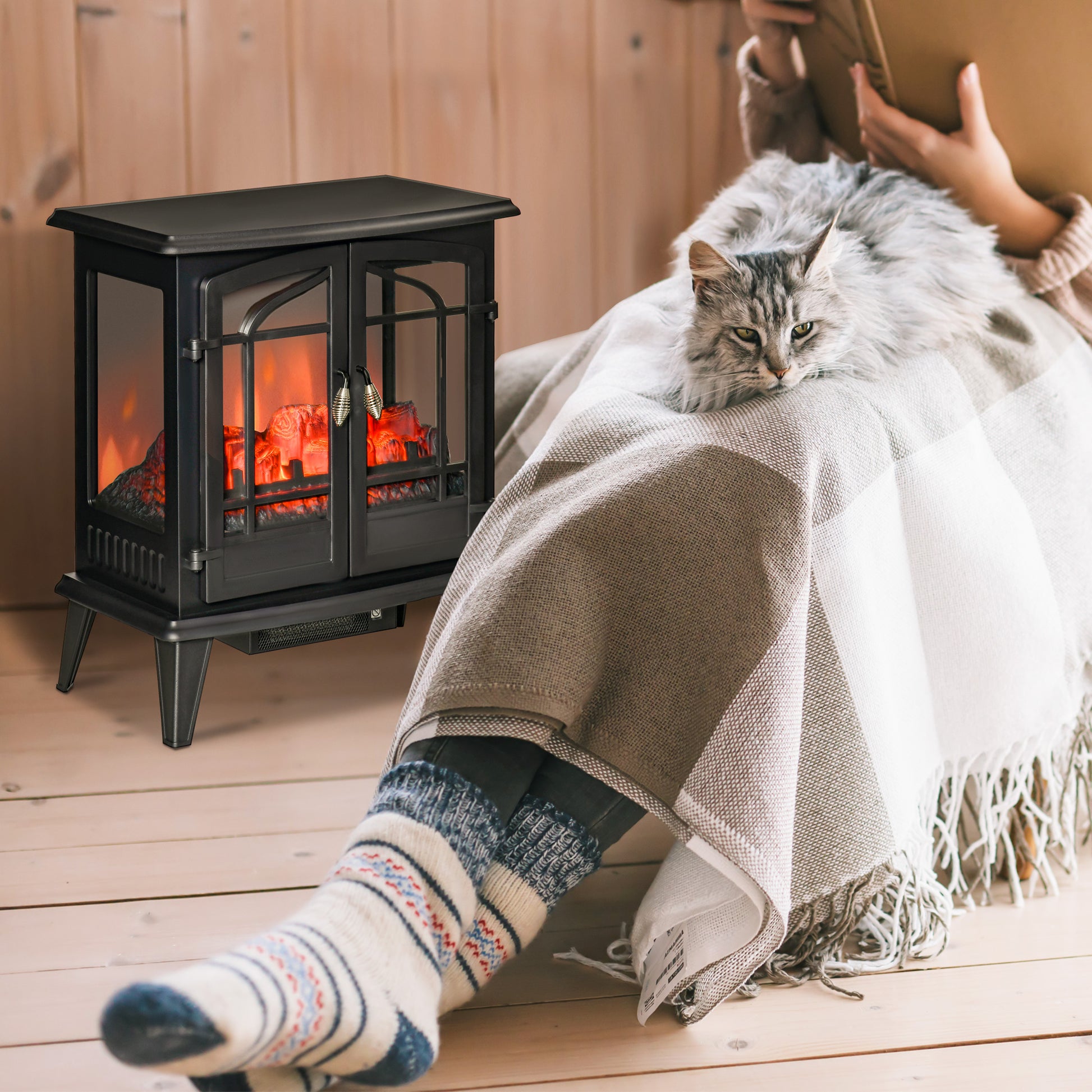 29" Electric Fireplace Heater, Freestanding Fire Place Stove With Realistic Led Log Flames And Overheating Safety Protection, 1400W, Black Black Steel