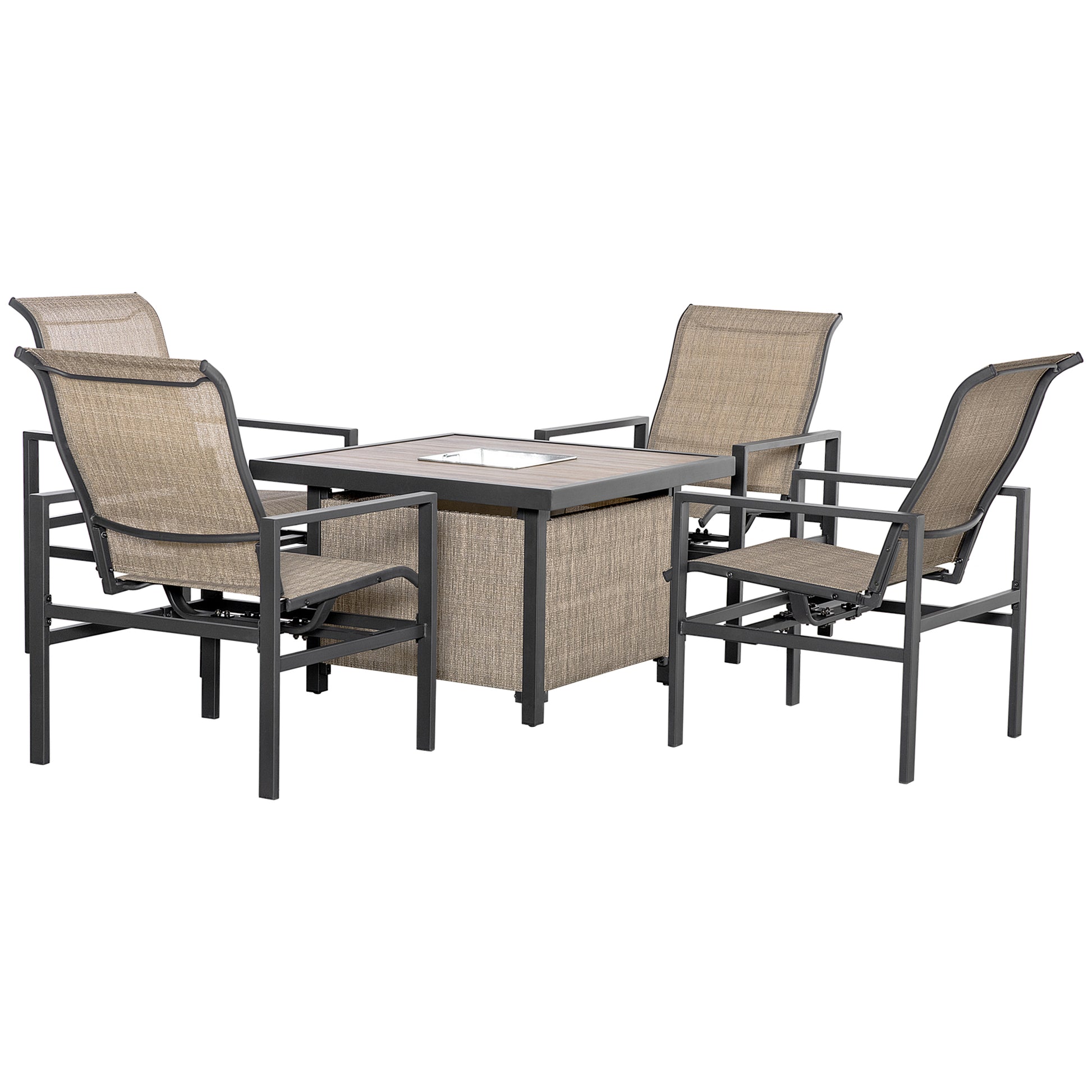 5 Piece Garden Patio Dining Set, Steel, Outdoor Conversation Set, Square Dinner Table With Built In Ice Bucket Insert, 4 Rocking Chairs For Garden, Lawn, Backyard, Beige Beige Steel