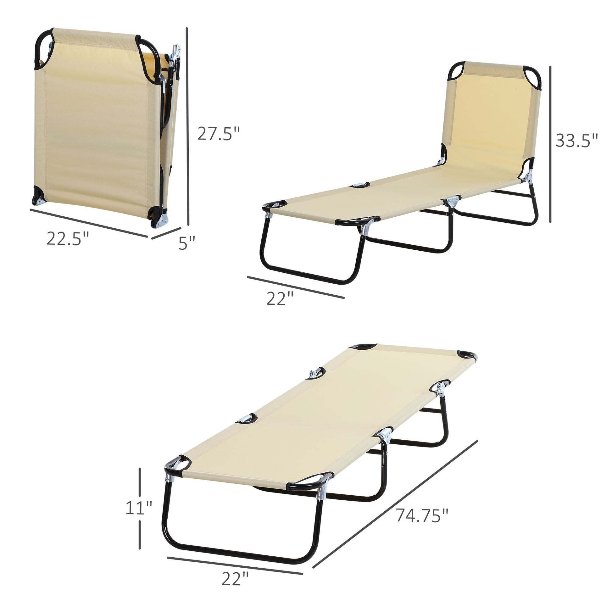 Foldable Outdoor Chaise Lounge Chair, 5 Level Reclining Camping Tanning Chair With Strong Oxford Fabric For Beach, Yard, Patio, Pool, Beige Beige Steel