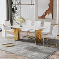 Modern Minimalist Dining Table. The White Imitation Marble Glass Desktop Is Equipped With Golden Metal Legs. Suitable For Restaurants And Living Rooms 71 