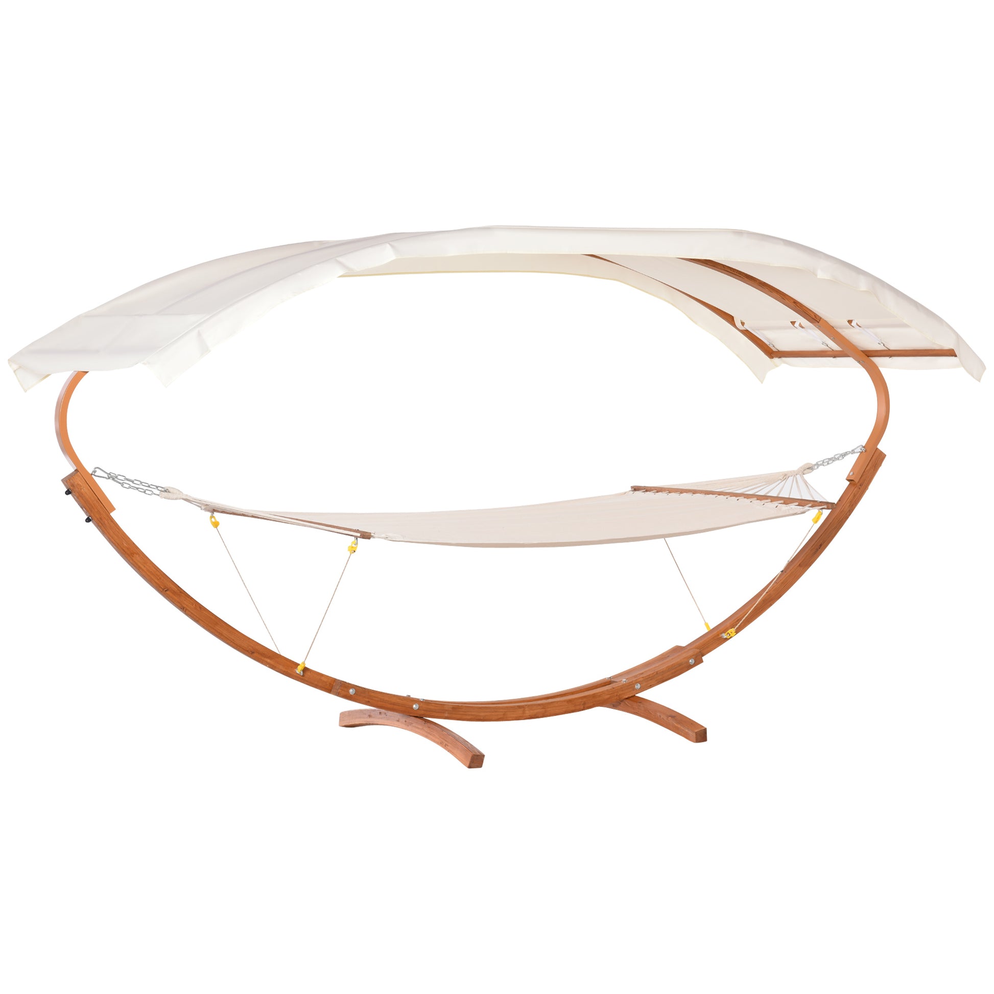 Outdoor Hammock With Stand & Accessories, Heavy Duty Wooden Frame, Extra Large Sun Shade Canopy, Indoor Outside Boho Style Nap Bed, Natural Cotton, White White Wood
