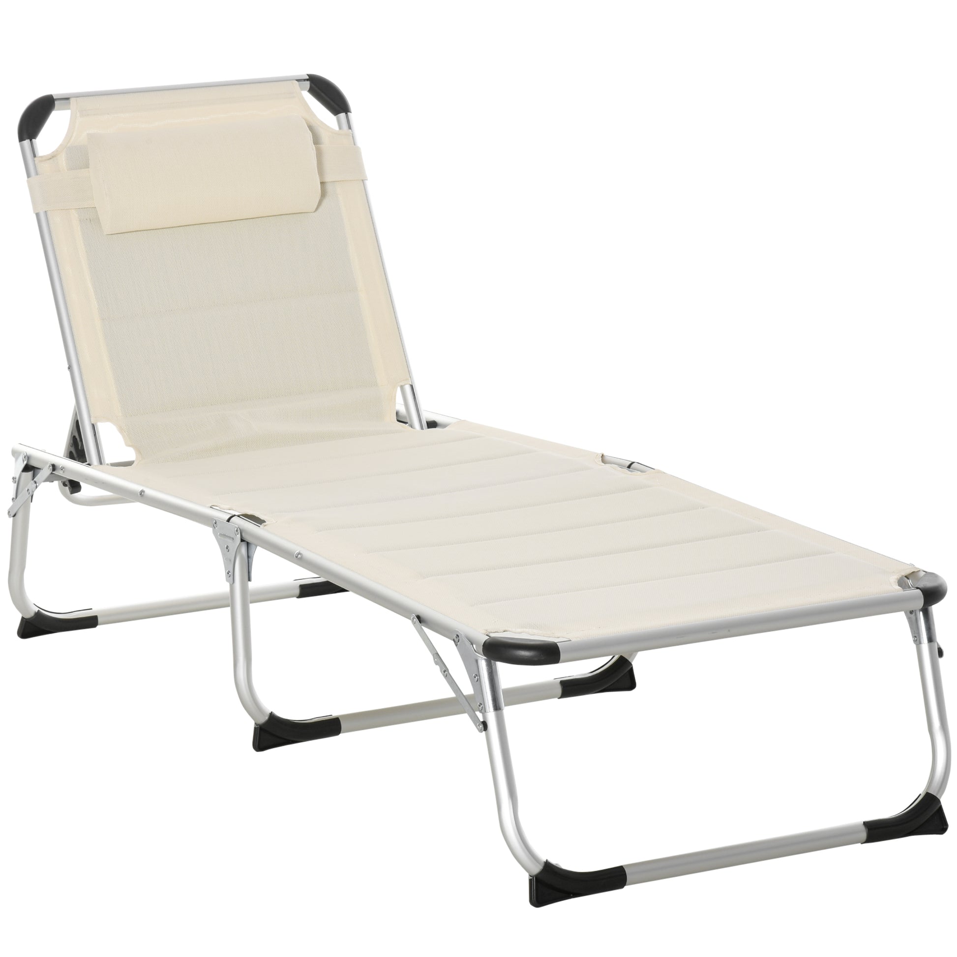 Foldable Outdoor Chaise Lounge Chair, 5 Level Reclining Camping Tanning Chair With Aluminum Frame, Padding, And Headrest For Beach, Yard, Patio, Pool, White White Aluminium