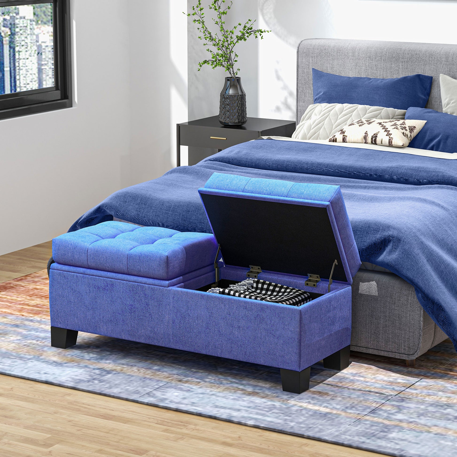 46" Storage Ottoman Bench, Upholstered End Of Bed Bench With Steel Frame, Button Tufted Storage Bench With Safety Hinges For Living Room, Entryway, Bedroom, Blue Blue Fabric