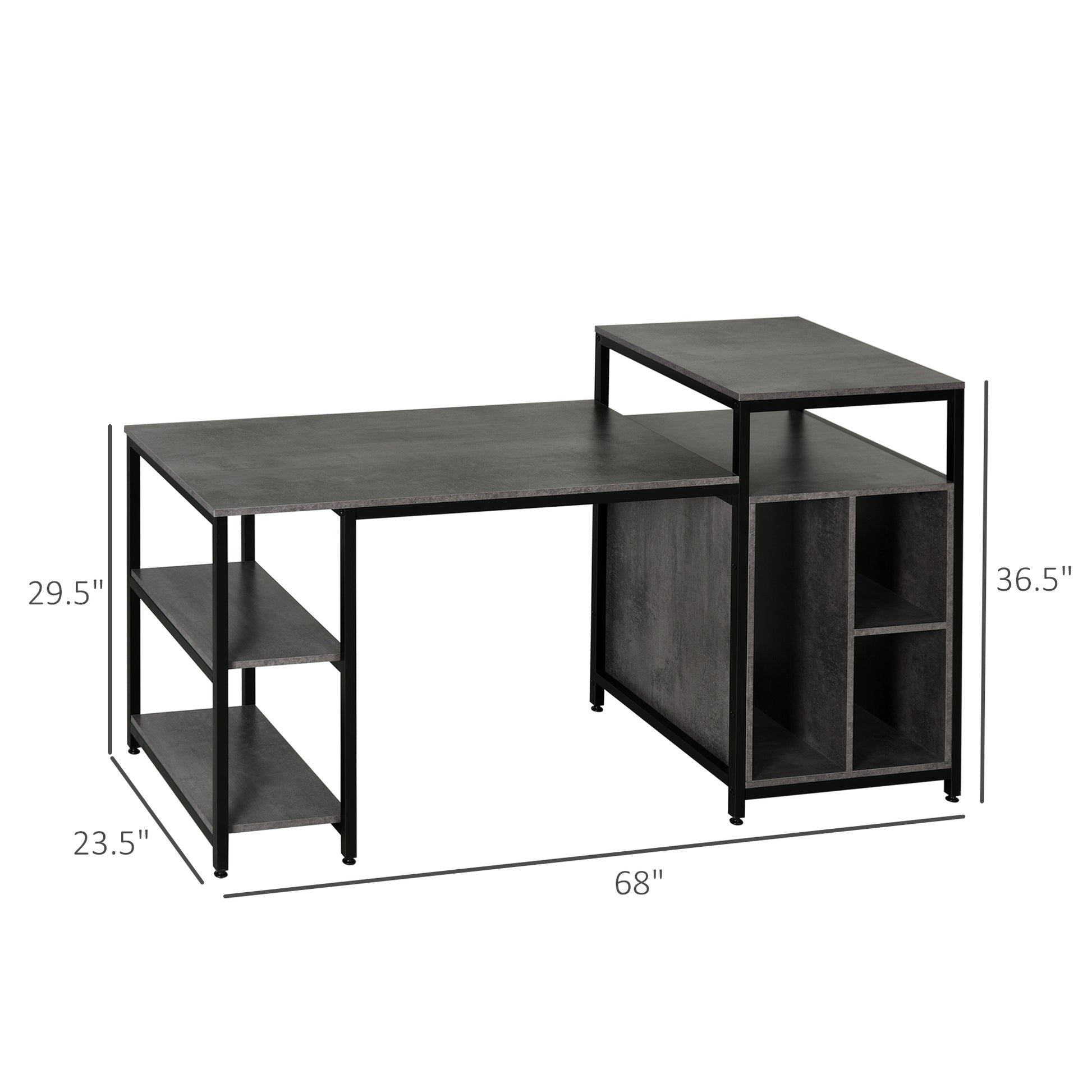 68 Inch Office Table Computer Desk Workstation Bookshelf With Cpu Stand, Spacious Storage Shelves & Chic Modern Woodgrain Design, Grey Grey Engineered Wood