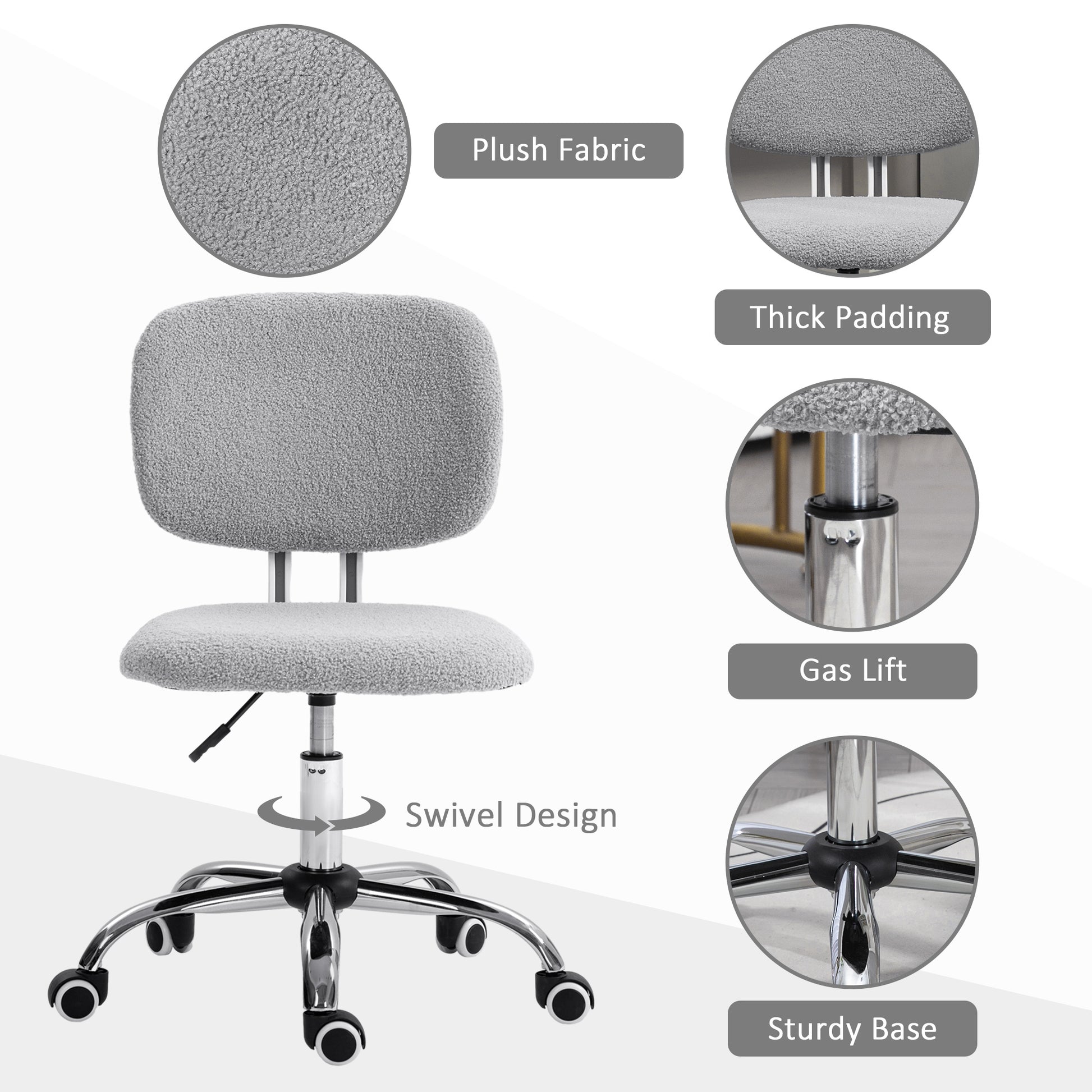 Cute Armless Office Chair, Teddy Fleece Fabric Computer Desk Chair, Vanity Task Chair With Adjustable Height, Swivel Wheels, Mid Back, Light Gray Light Gray Polyester