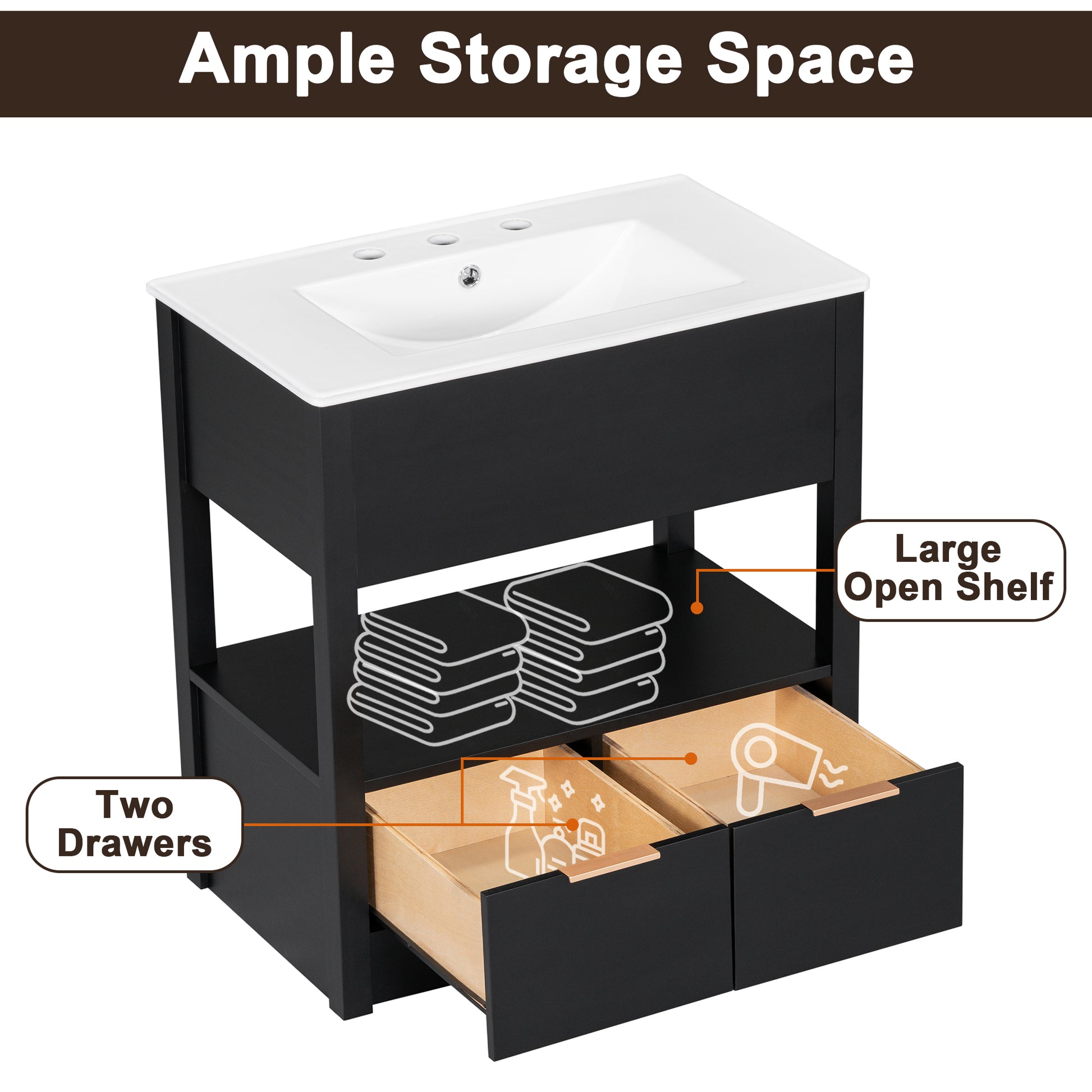 30" Bathroom Vanity With Sink Top, Bathroom Cabinet With Open Storage Shelf And Two Drawers, One Package, Black Old Sku:Wf311619Aap Black Solid Wood Mdf