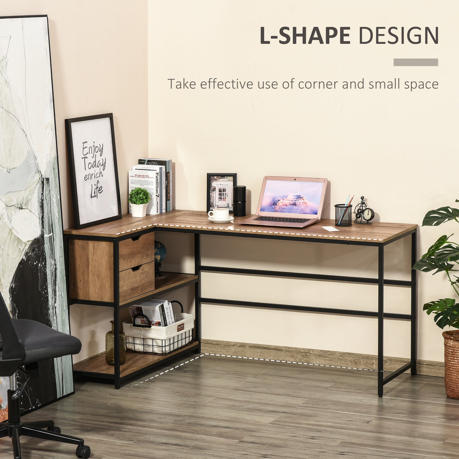 L Shaped Home Offie Computer Desk With Storage Shelves, 2 Dawers And Industrial Steel Frame, Black Brown Brown Mdf