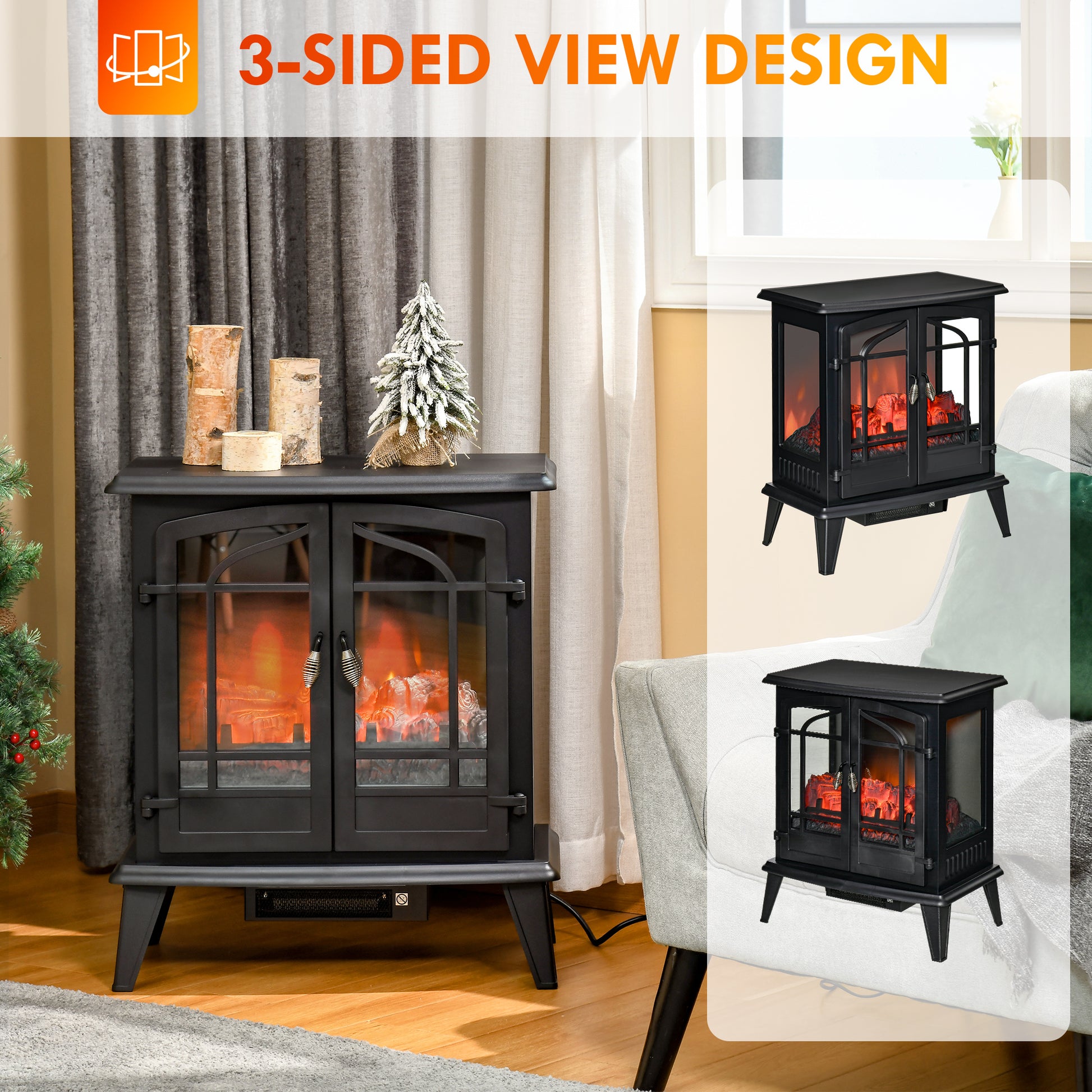 29" Electric Fireplace Heater, Freestanding Fire Place Stove With Realistic Led Log Flames And Overheating Safety Protection, 1400W, Black Black Steel