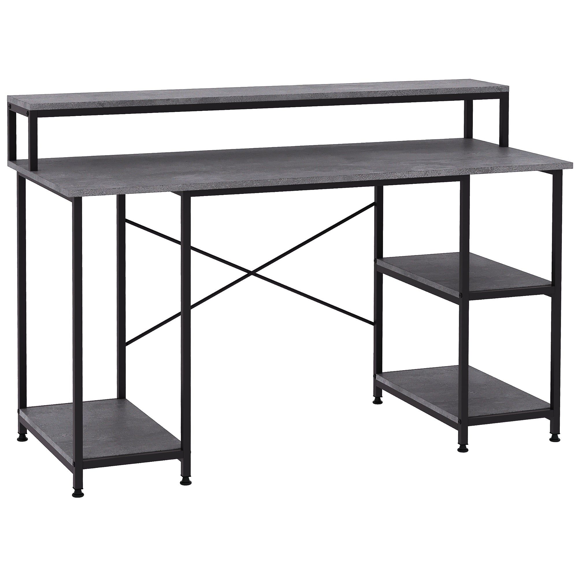 55 Inch Home Office Computer Desk Study Writing Workstation With Storage Shelves, Elevated Monitor Shelf, Cpu Stand, Durable X Shaped Construction, Grey Wood Grain Grey Engineered Wood