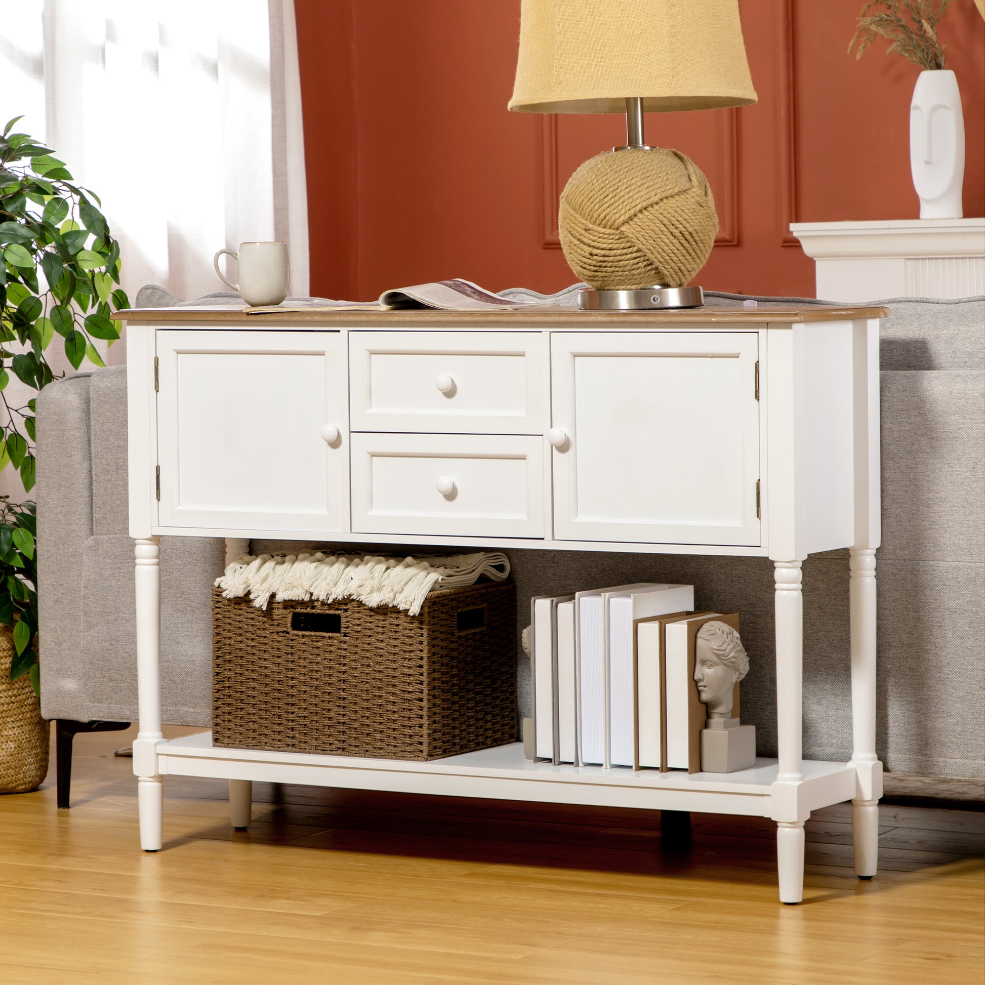 Console Table With Drawers, Vintage Entryway Table With 2 Drawers, Cabinets And Bottom Shelf, Retro Sofa Table For Living Room, Bedroom, White White Mdf