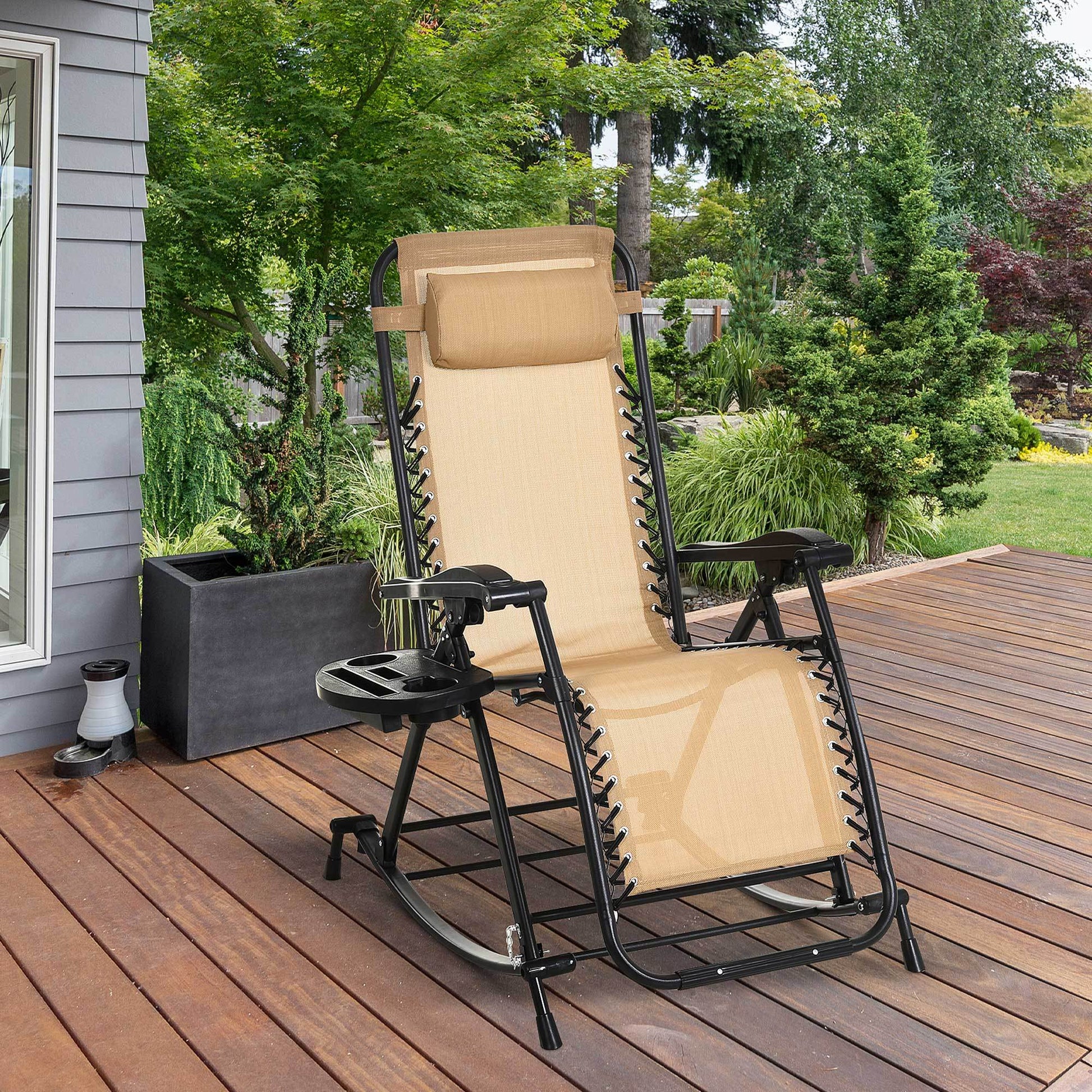 Outsunny Outdoor Rocking Chairs, Foldable Reclining Zero Gravity Lounge Rocker W Pillow, Cup & Phone Holder, Combo Design W Folding Legs, Beige Beige Steel