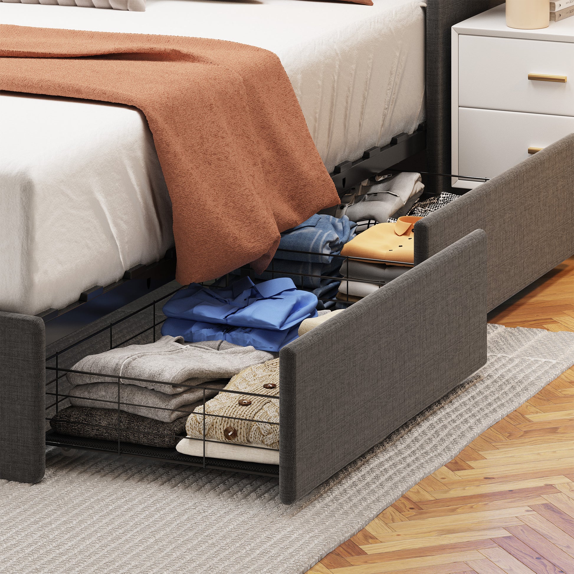 Queen Size Bed Frame With Led, 4 Under Bed Portable Storage Drawers, Wings Headboard Design, Dark Grey Box Spring Not Required Queen Dark Grey Metal Bedroom Bed Frame Upholstered Linen Upholstered