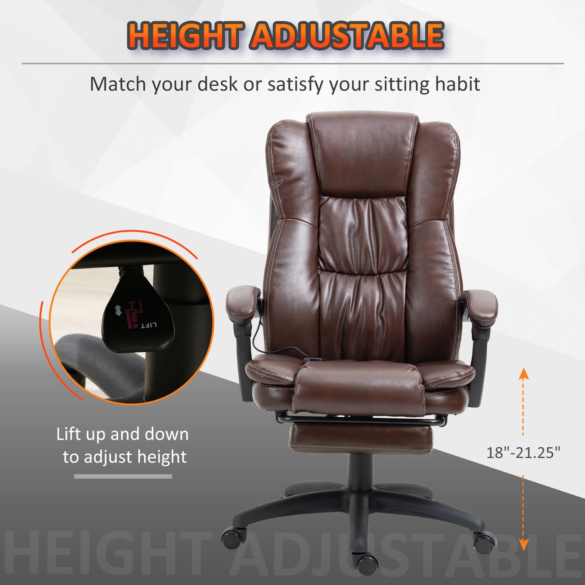 High Back Massage Office Chair With 6 Point Vibration, 5 Modes, Executive Chair, Pu Leather Swivel Chair With Reclining Back, And Retractable Footrest, Brown Brown Pu Leather