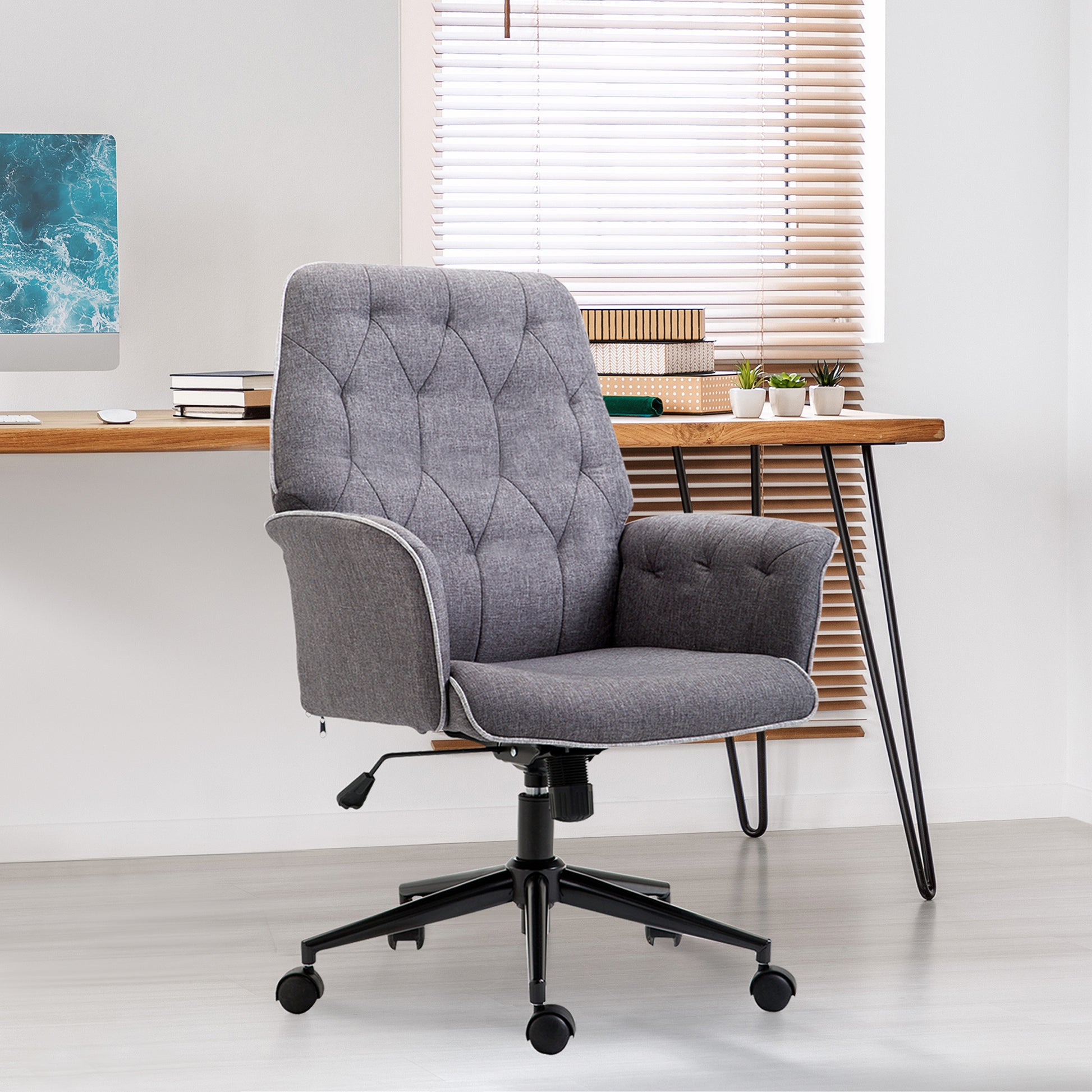 Linen Home Office Chair, Tufted Height Adjustable Computer Desk Chair With Swivel Wheels And Padded Armrests, Dark Gray Grey Fabric