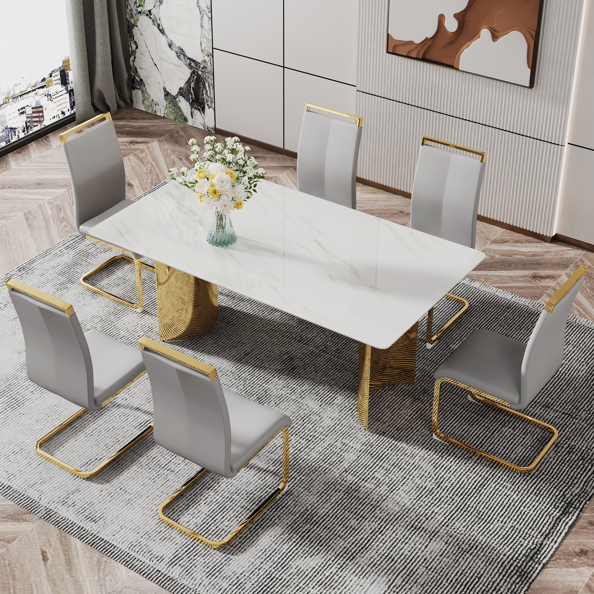 Modern Minimalist Dining Table. The White Imitation Marble Glass Desktop Is Equipped With Golden Metal Legs. Suitable For Restaurants And Living Rooms 71 "* 39.3" * 29.5 "Dt 69 White Glass