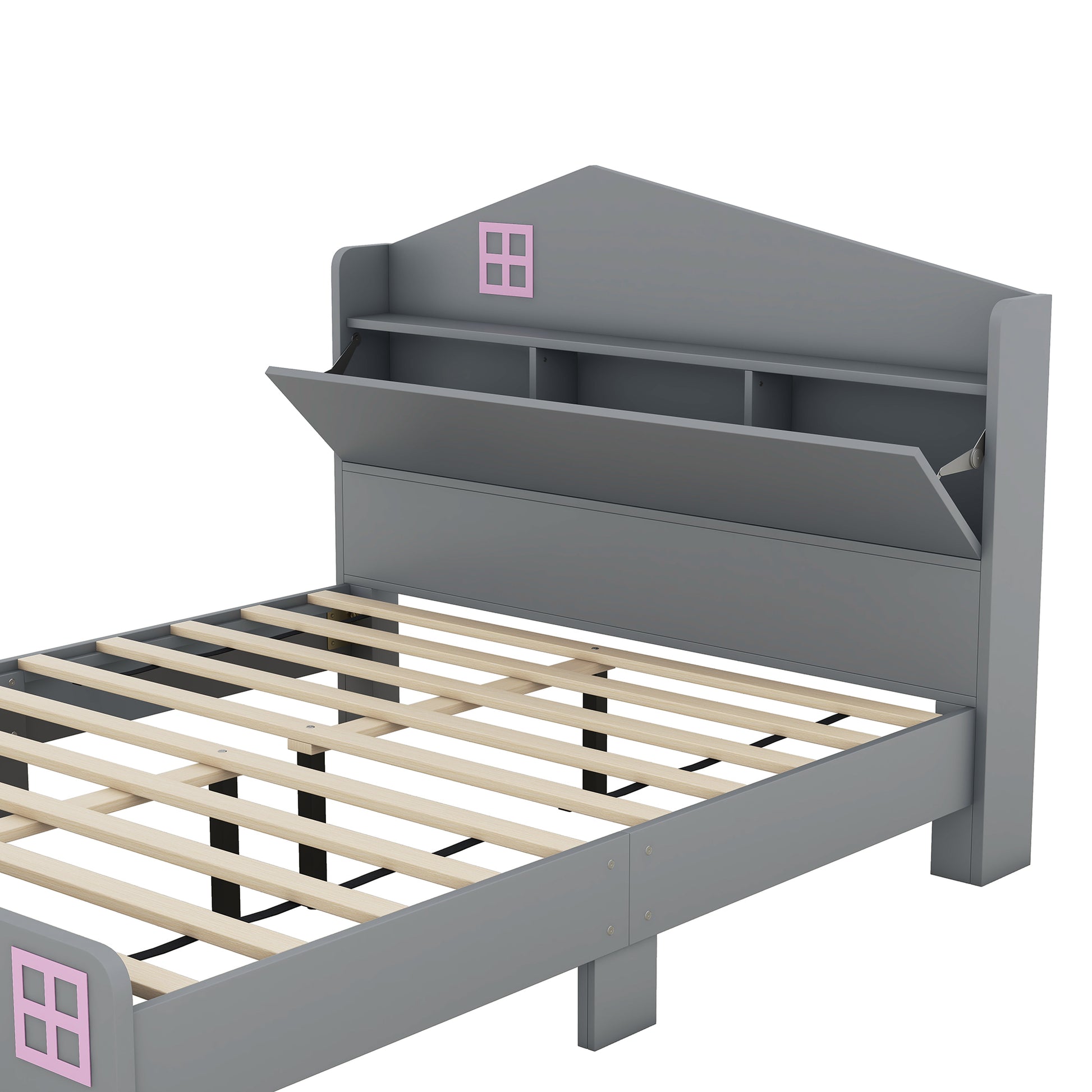 3 Pieces Bedroom Sets Full Size House Bed With Storage Headboard, Wooden Nightstand And Storage Dresser,Gray Gray Wood