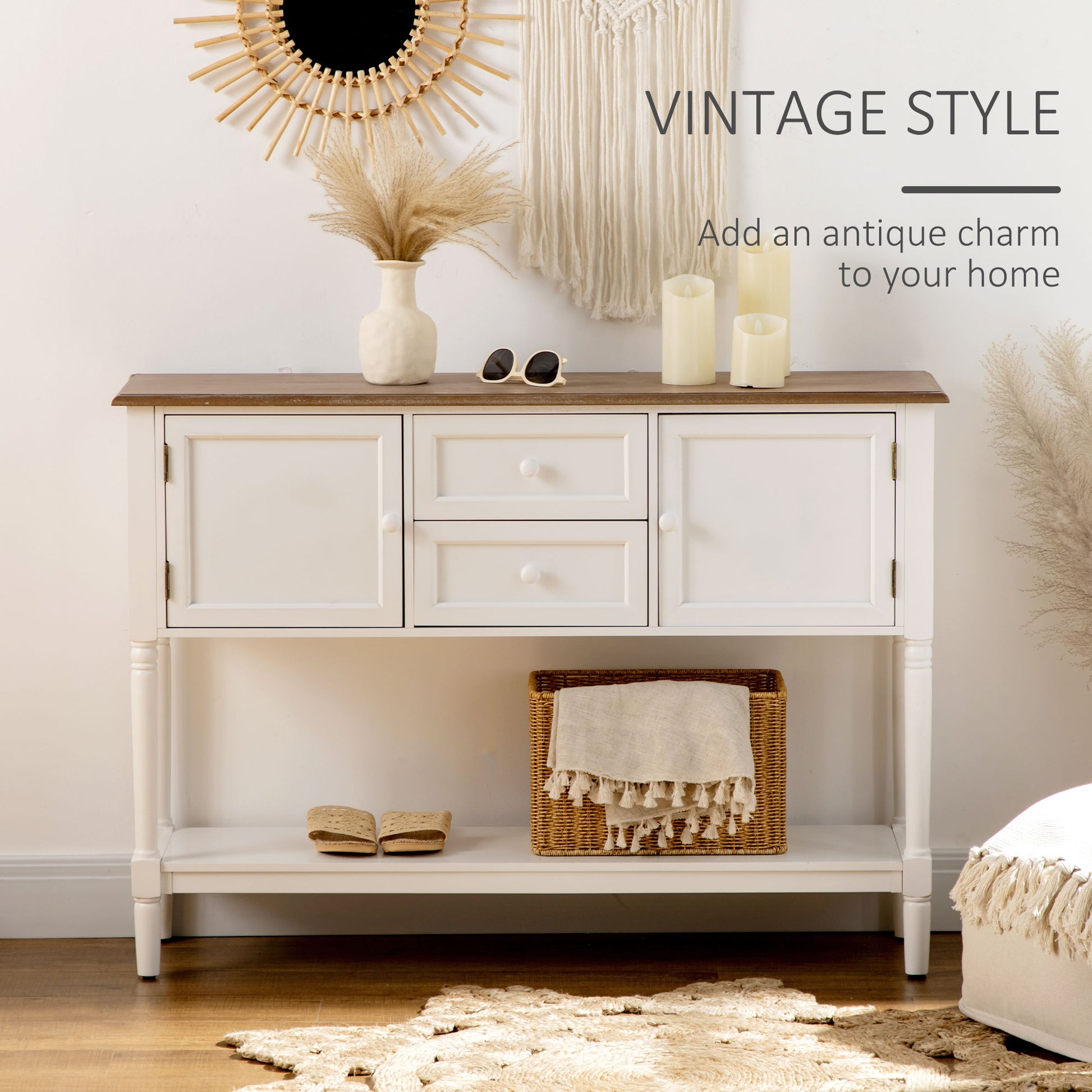 Console Table With Drawers, Vintage Entryway Table With 2 Drawers, Cabinets And Bottom Shelf, Retro Sofa Table For Living Room, Bedroom, White White Mdf