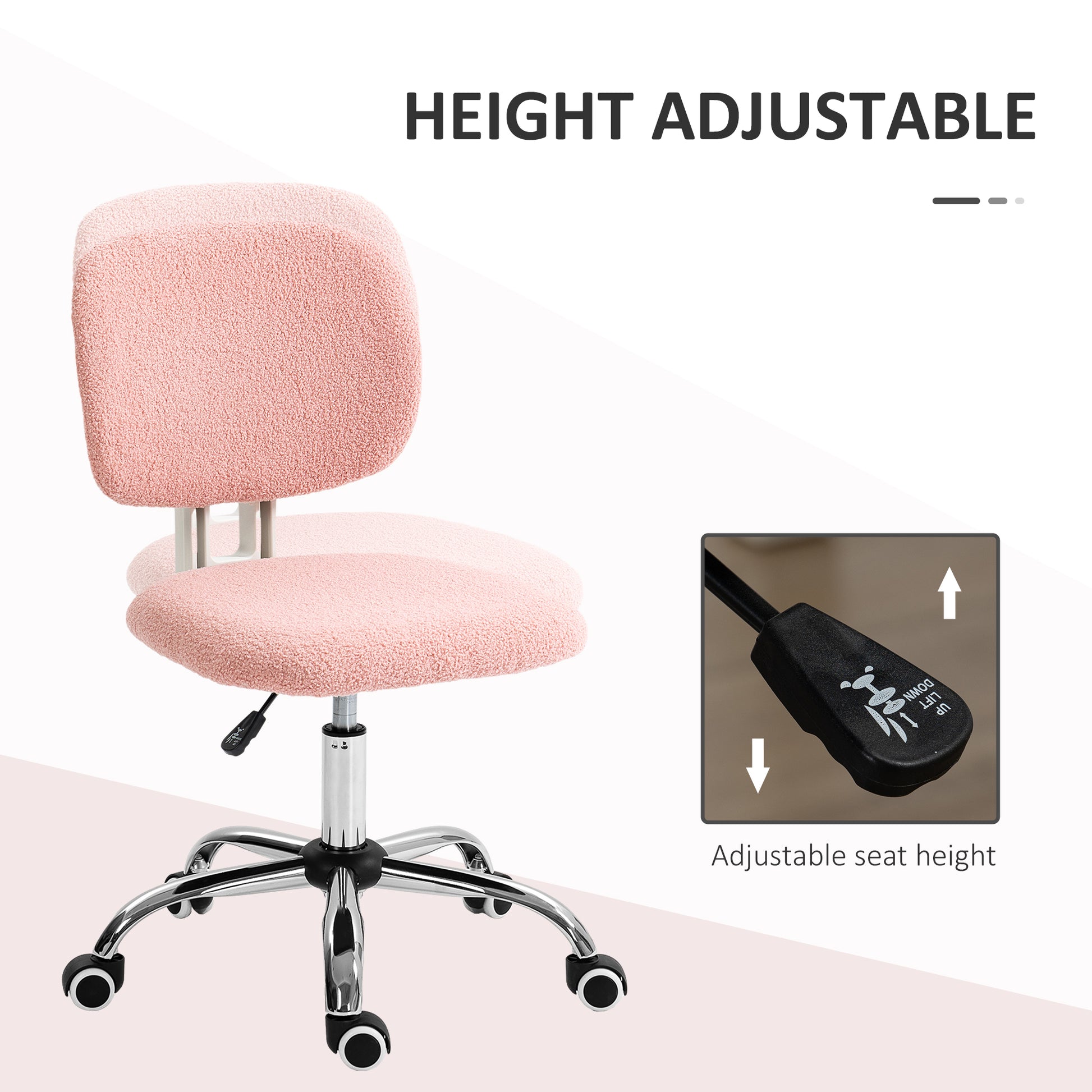 Cute Armless Office Chair, Teddy Fleece Fabric Computer Desk Chair, Vanity Task Chair With Adjustable Height, Swivel Wheels, Mid Back, Pink Pink Linen