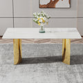 Modern Minimalist Dining Table. The White Imitation Marble Glass Desktop Is Equipped With Golden Metal Legs. Suitable For Restaurants And Living Rooms 71 