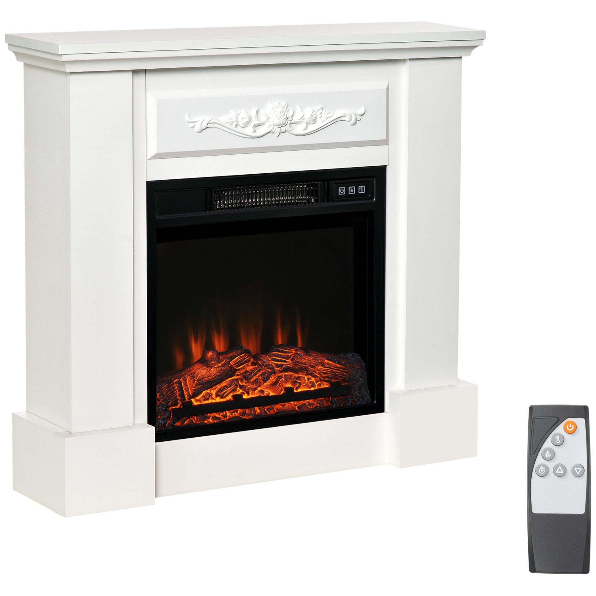 32" Electric Fireplace With Mantel, Freestanding Heater With Led Log Flame, Overheat Protection And Remote Control, 1400W, White White Steel