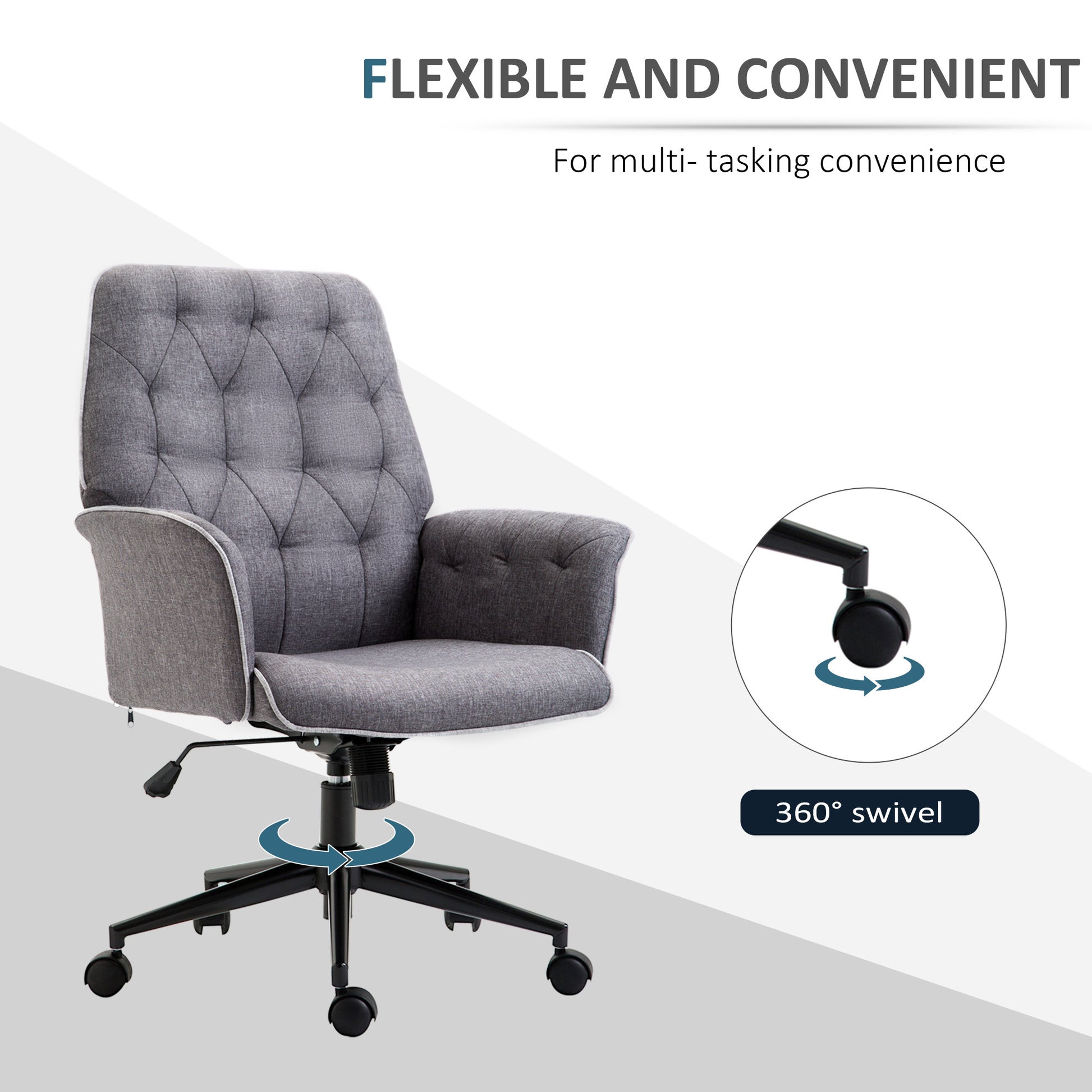 Linen Home Office Chair, Tufted Height Adjustable Computer Desk Chair With Swivel Wheels And Padded Armrests, Dark Gray Grey Fabric