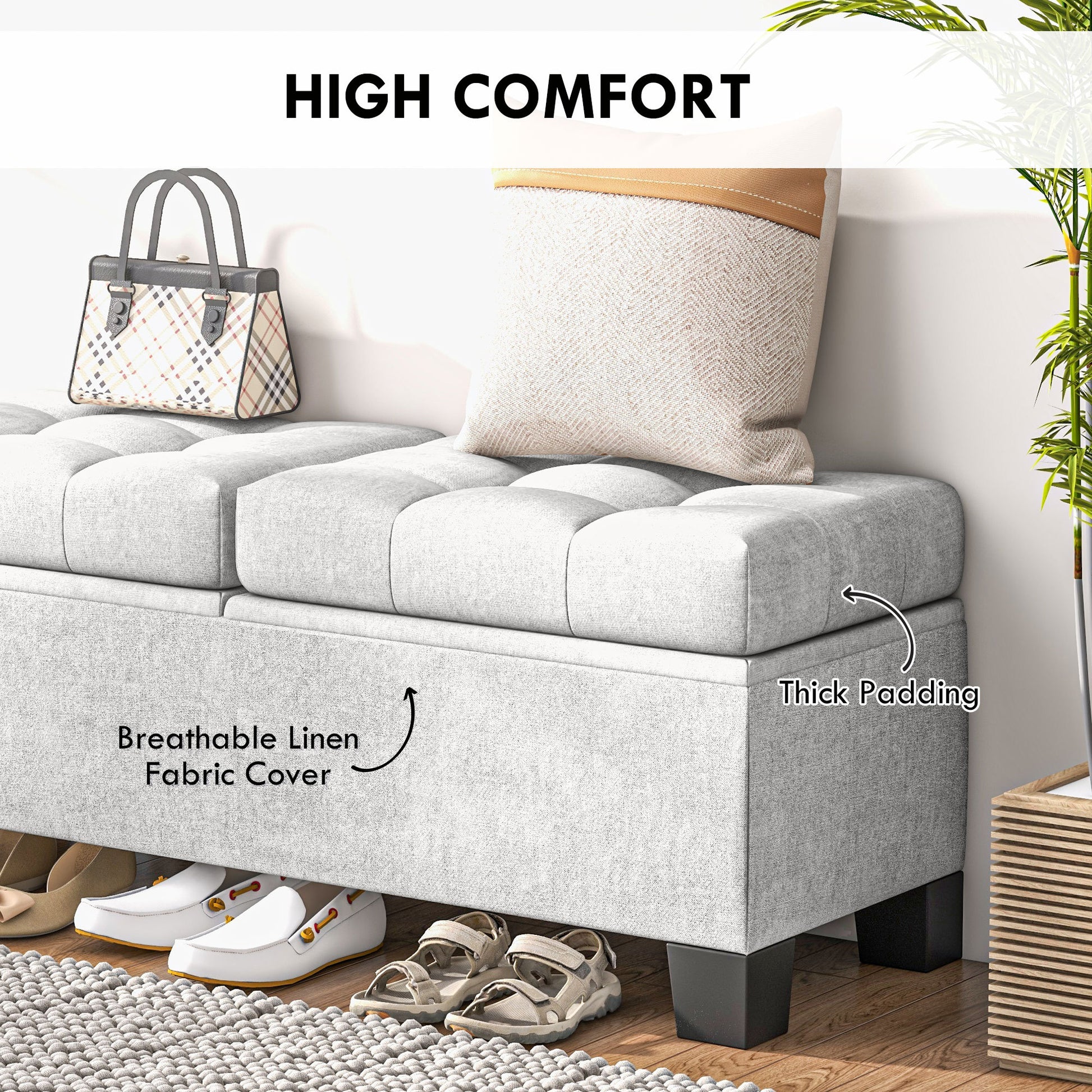 46" Storage Ottoman Bench, Upholstered End Of Bed Bench With Steel Frame, Button Tufted Storage Bench With Safety Hinges For Living Room, Entryway, Bedroom, Cream Cream White Foam