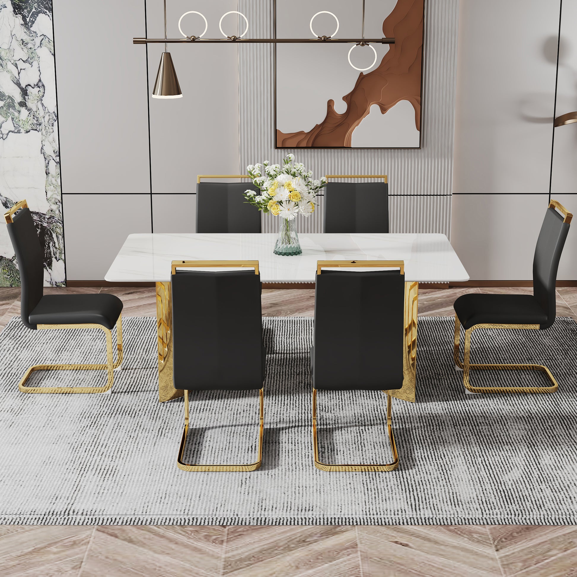 Modern Minimalist Dining Table. The White Imitation Marble Glass Desktop Is Equipped With Golden Metal Legs. Suitable For Restaurants And Living Rooms 71 "* 39.3" * 29.5 "Dt 69 White Glass